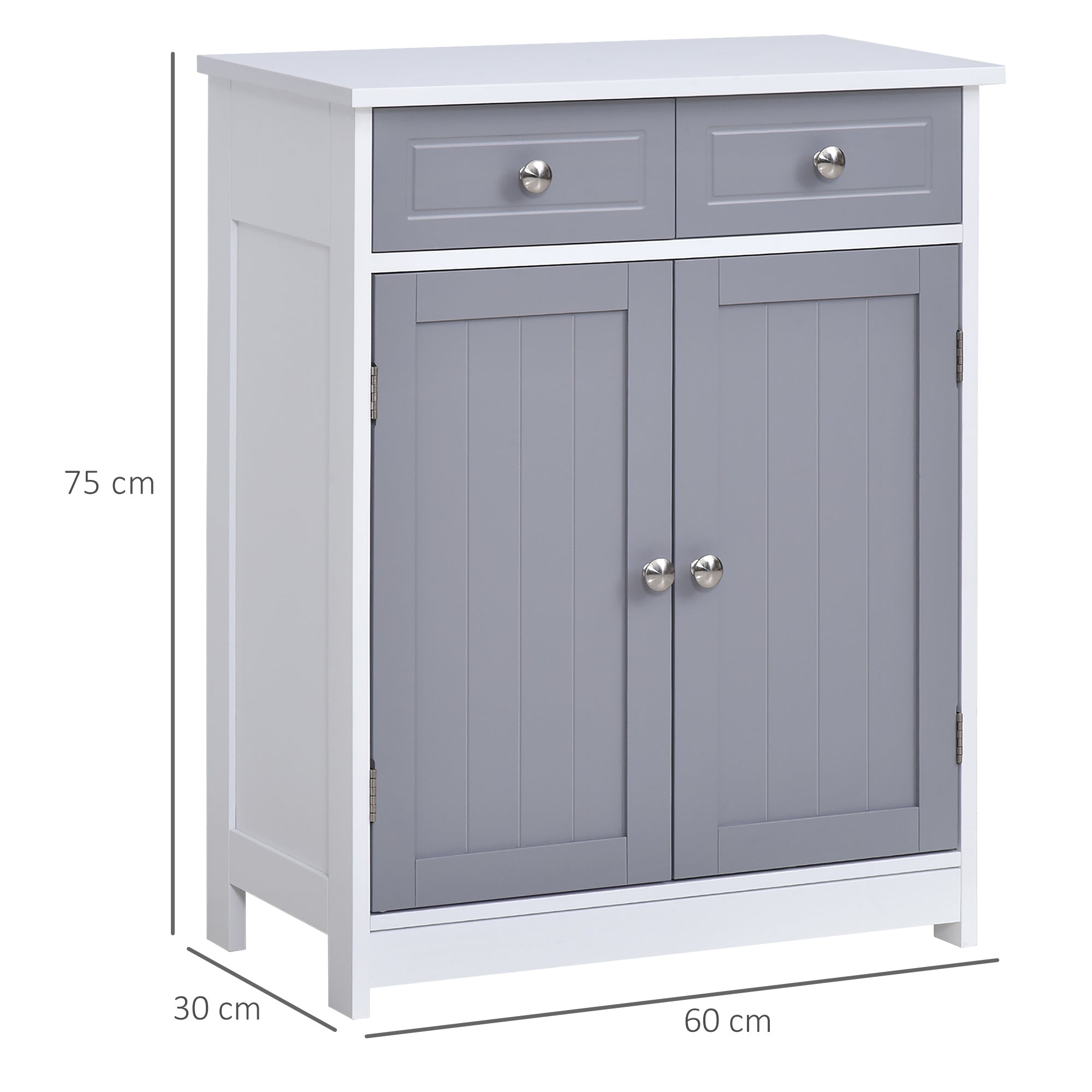Storage Cabinet, Bathroom Cabinet, Cupboard with 2 Doors 2 Drawers - 60 x 30 x 75 cm - Gray and White