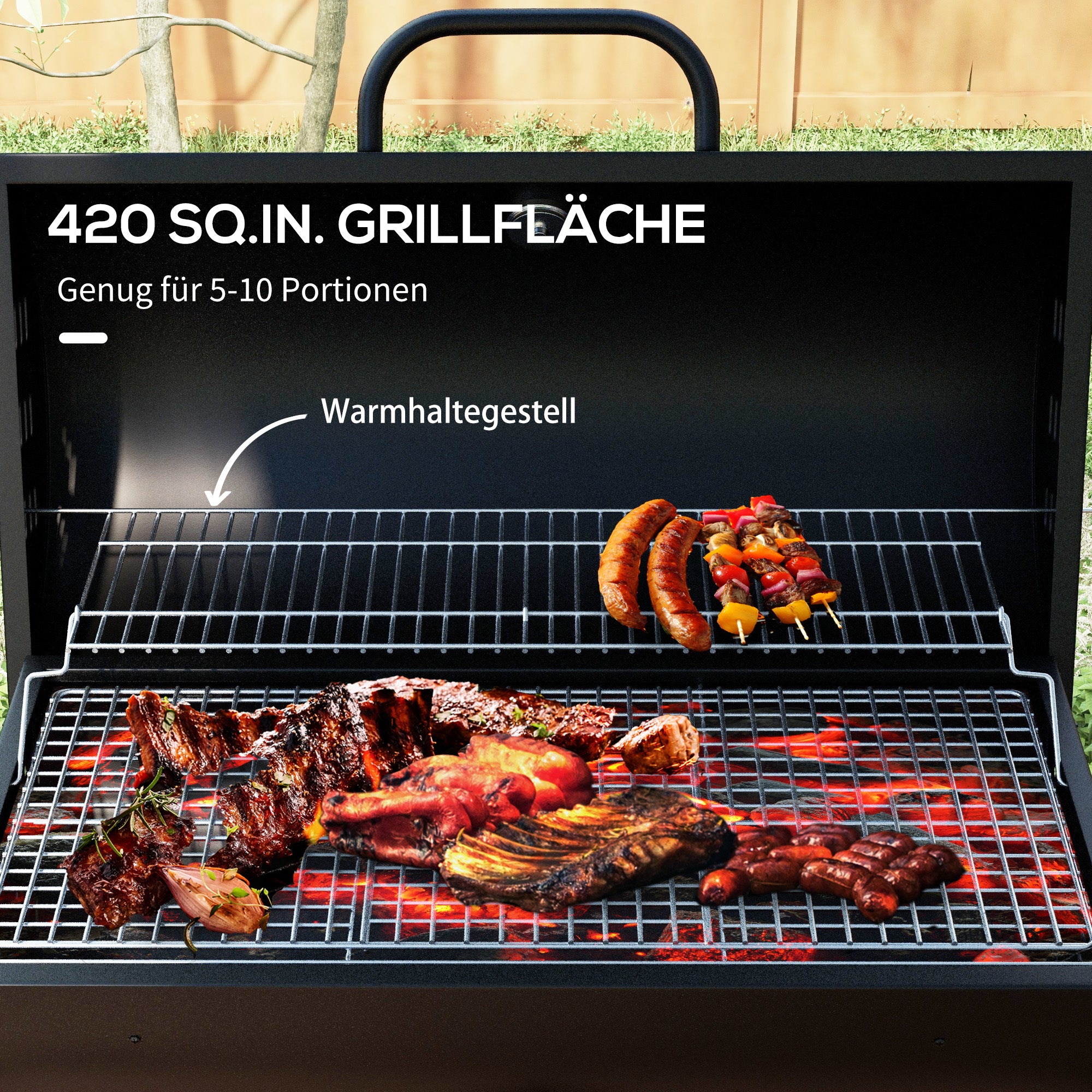 Metal Charcoal Grill BBQ Smoker with Lid Thermometer Adjustable Charcoal Pan Handle, Portable Grill Cart Charcoal Grill for Barbecue Camping, Patio, 95x71.5x102 cm