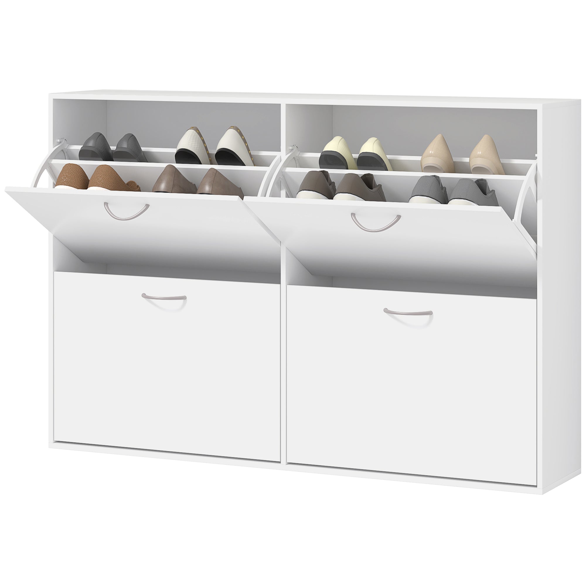 White Shoe Cabinet Modern Shoe Organizer with 4 Fold-Down Drawers and Adjustable Shelves for 16-24 Pairs of Shoes for Hallway Entryway 120x24x81 cm