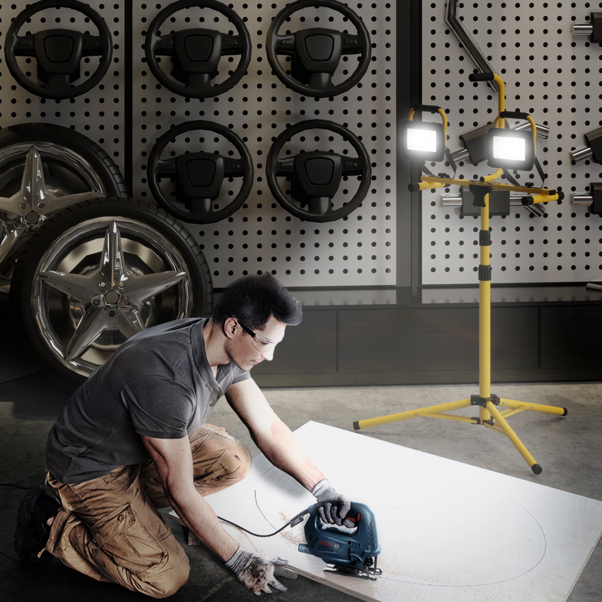 Double LED Aluminum Spotlight with Foldable Tripod 8500 Lumens IP65 6500K and Adjustable Heads for Indoor and Outdoor Work Yellow and Black