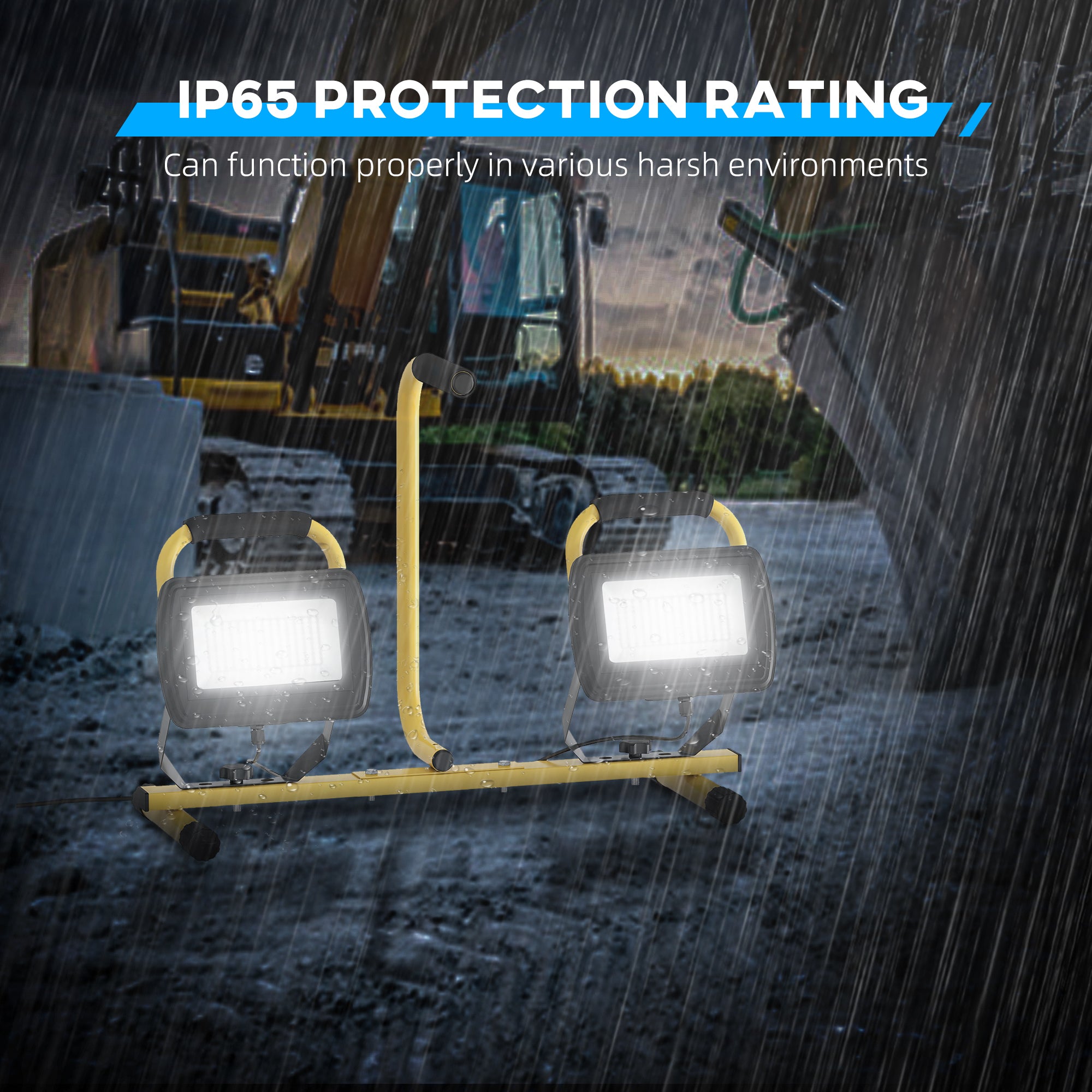 Double LED Aluminum Spotlight with Foldable Tripod 8500 Lumens IP65 6500K and Adjustable Heads for Indoor and Outdoor Work Yellow and Black