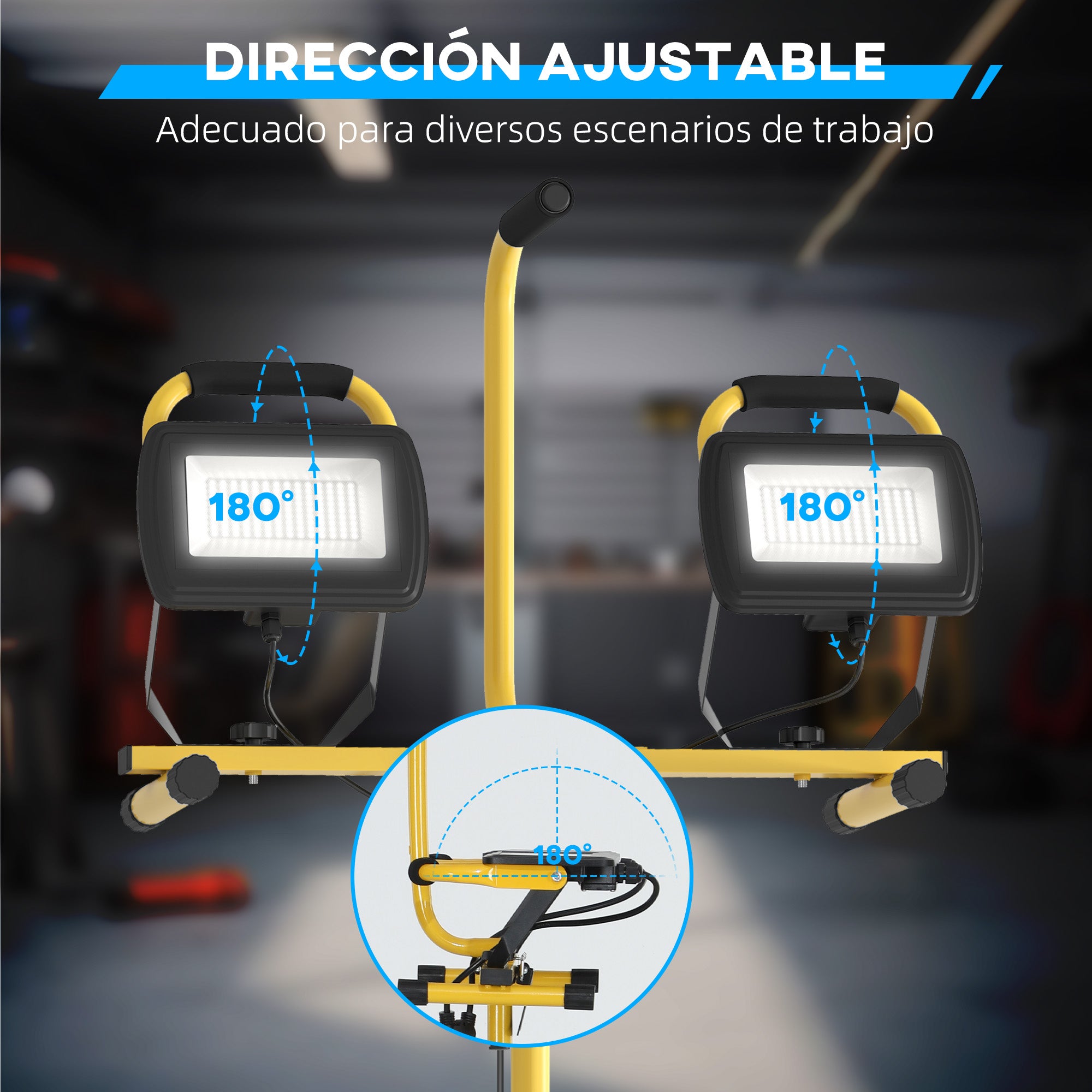 Double LED Aluminum Spotlight with Foldable Tripod 8500 Lumens IP65 6500K and Adjustable Heads for Indoor and Outdoor Work Yellow and Black