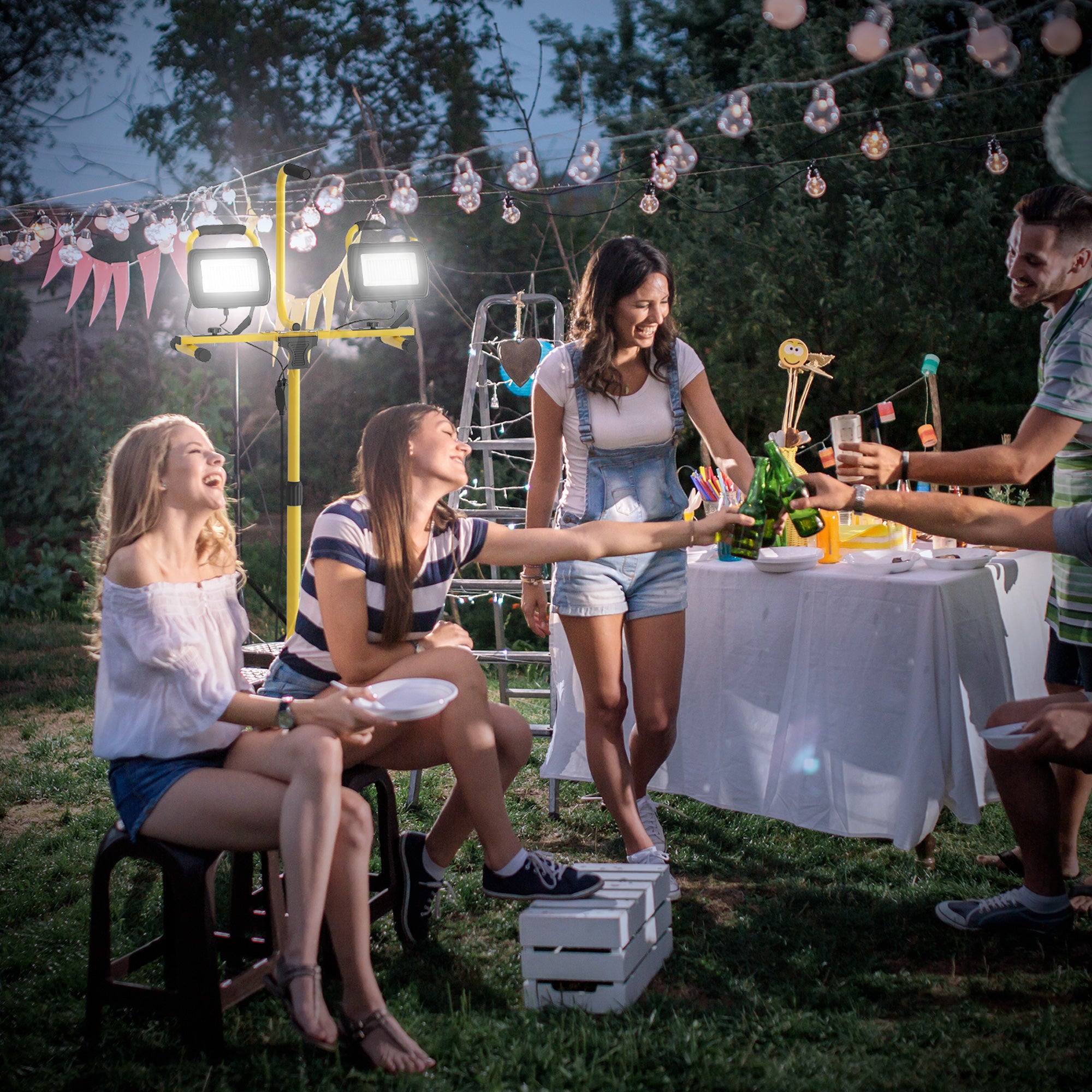 Double LED Aluminum Spotlight with Foldable Tripod 8500 Lumens IP65 6500K and Adjustable Heads for Indoor and Outdoor Work Yellow and Black