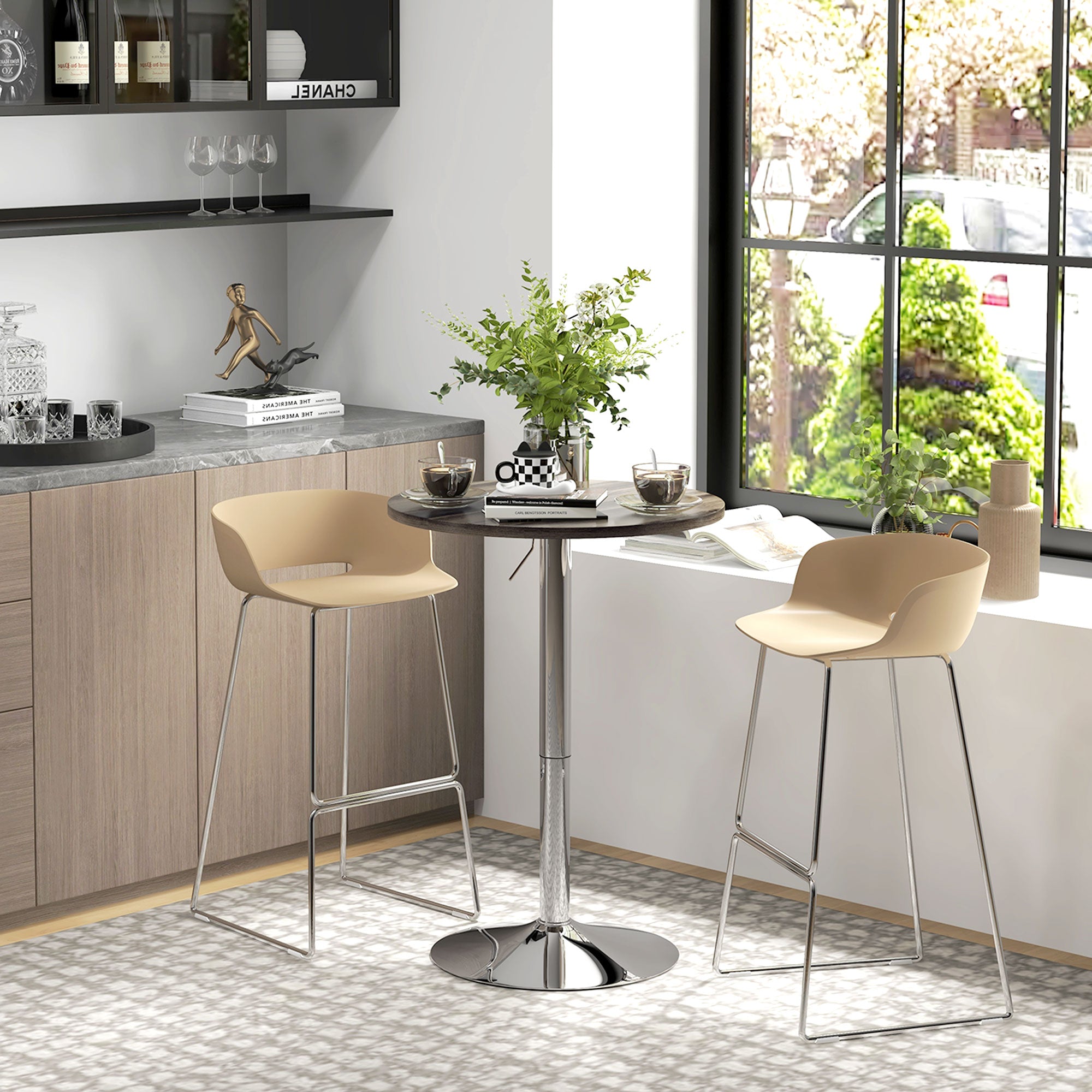 Round Adjustable Bar Table for 2, 27.2–35.8 in Height, 360° Swivel Top, Steel Base, Walnut