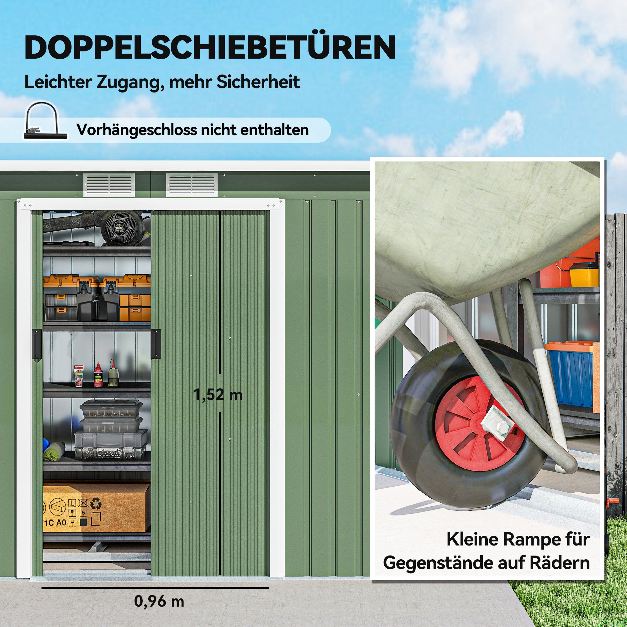Metal Tool Shed 6.3m³ 280x130x172cm Storage Shed with Pent Roof Sliding Door Weatherproof Garden Shed Outdoor Garden Storage Cabinet for Backyard Outdoor Area Anthracite, Light Green