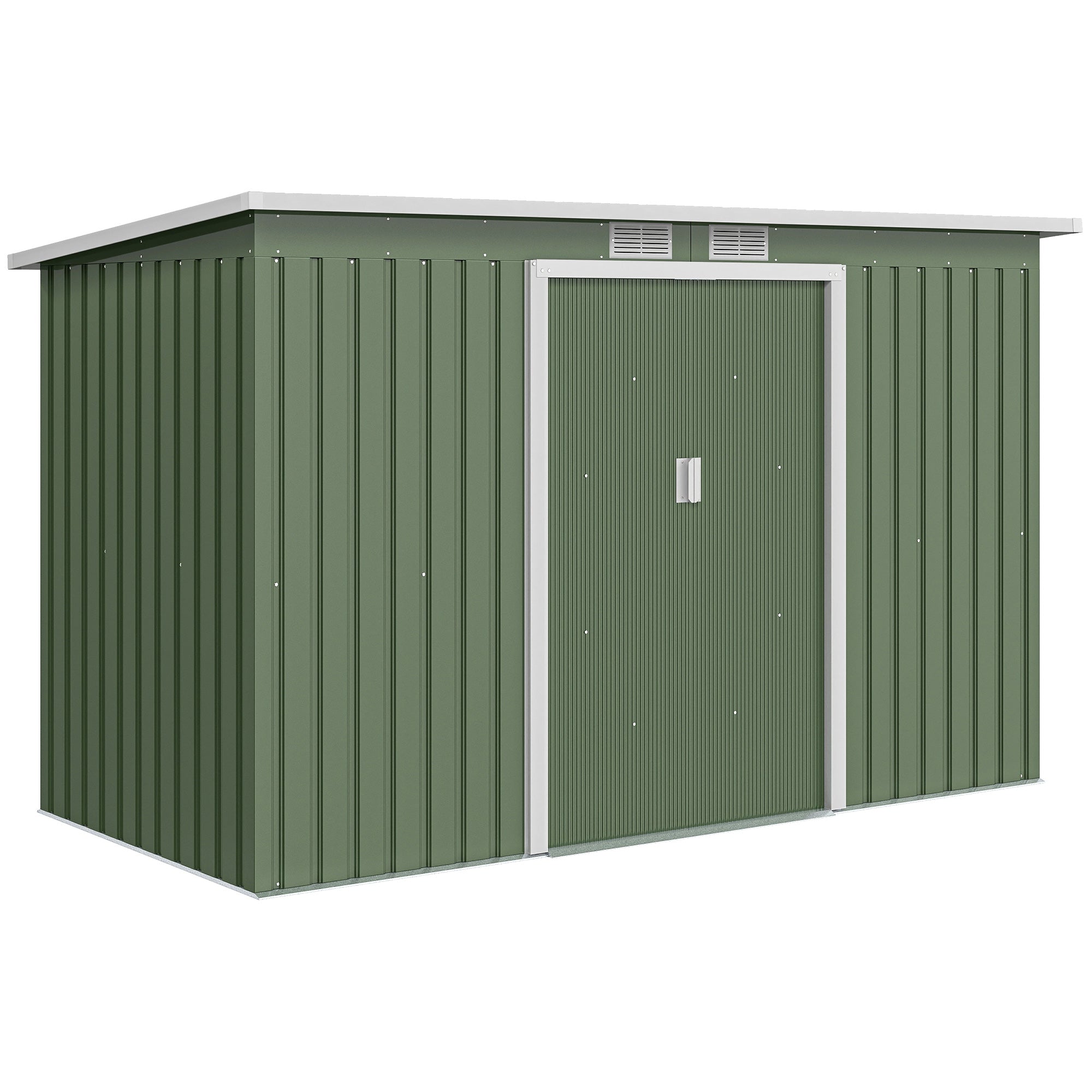 Metal Tool Shed 6.3m³ 280x130x172cm Storage Shed with Pent Roof Sliding Door Weatherproof Garden Shed Outdoor Garden Storage Cabinet for Backyard Outdoor Area Anthracite, Light Green