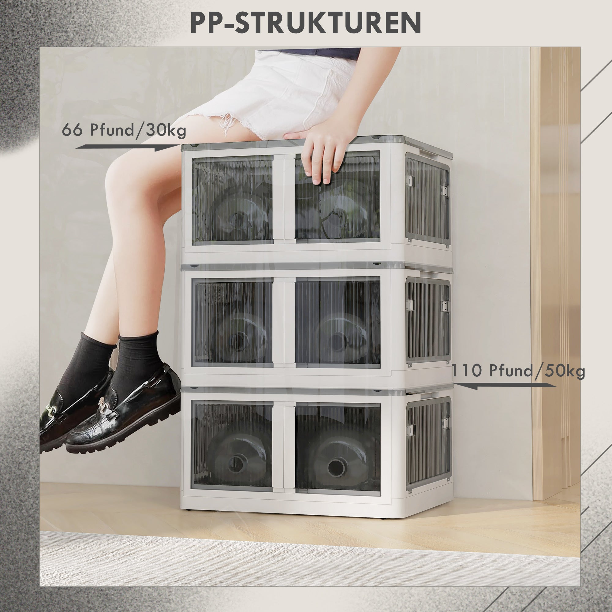 Plastic Storage Box with Wheels Foldable Crates Storage, Stackable Wardrobe Organizer for Toys, Clothes, Books White, 60cm x 42cm x 34cm