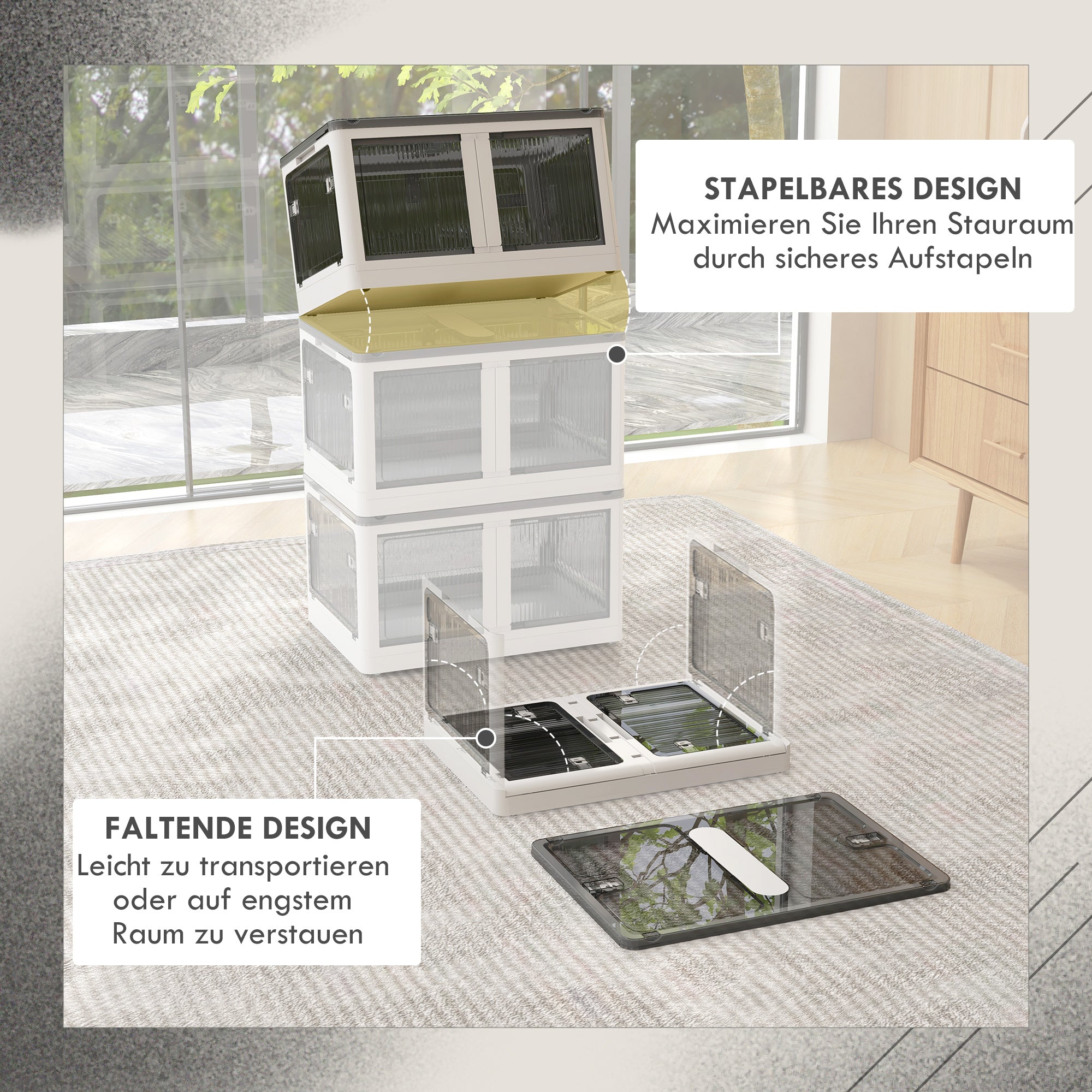 Plastic Storage Box with Wheels Foldable Crates Storage, Stackable Wardrobe Organizer for Toys, Clothes, Books White, 60cm x 42cm x 34cm