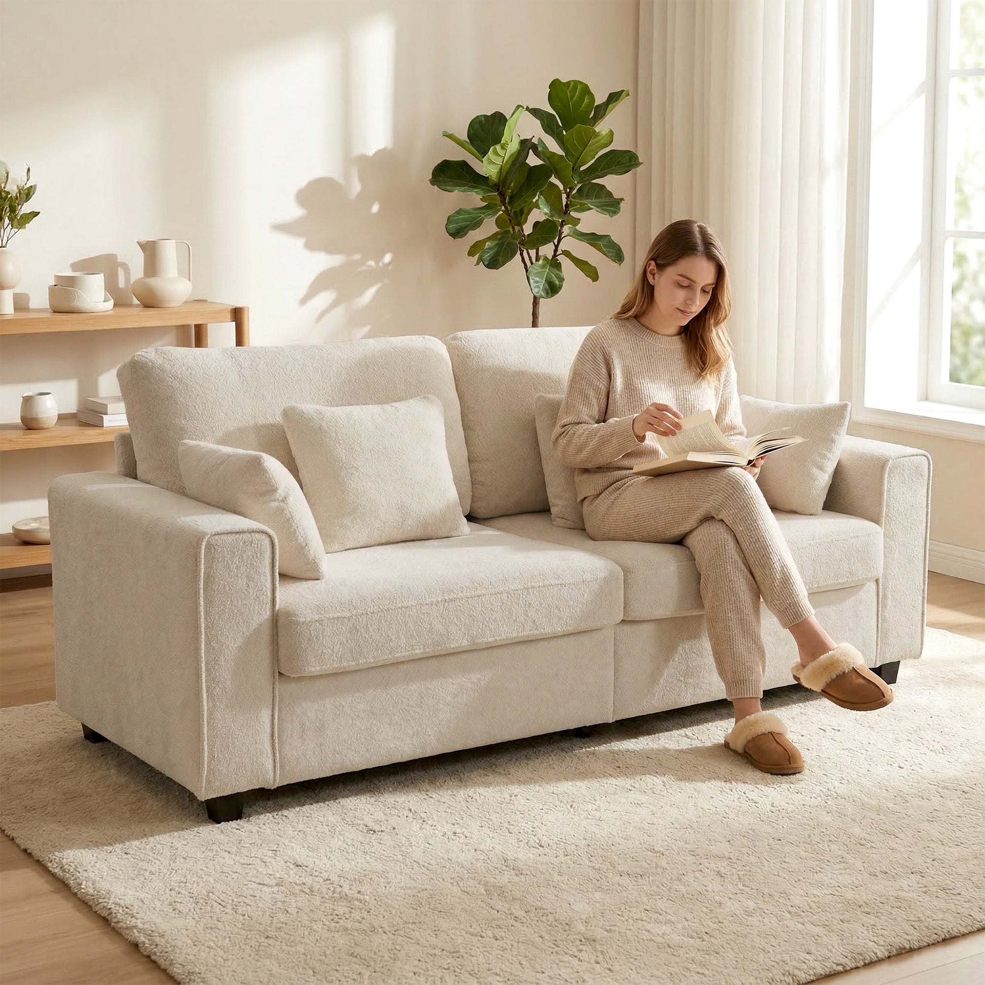 3-Seater Deep-Seat Sofa, 83.3 in Wide Velvet-Look Upholstered Couch with 4 Cushions, Beige