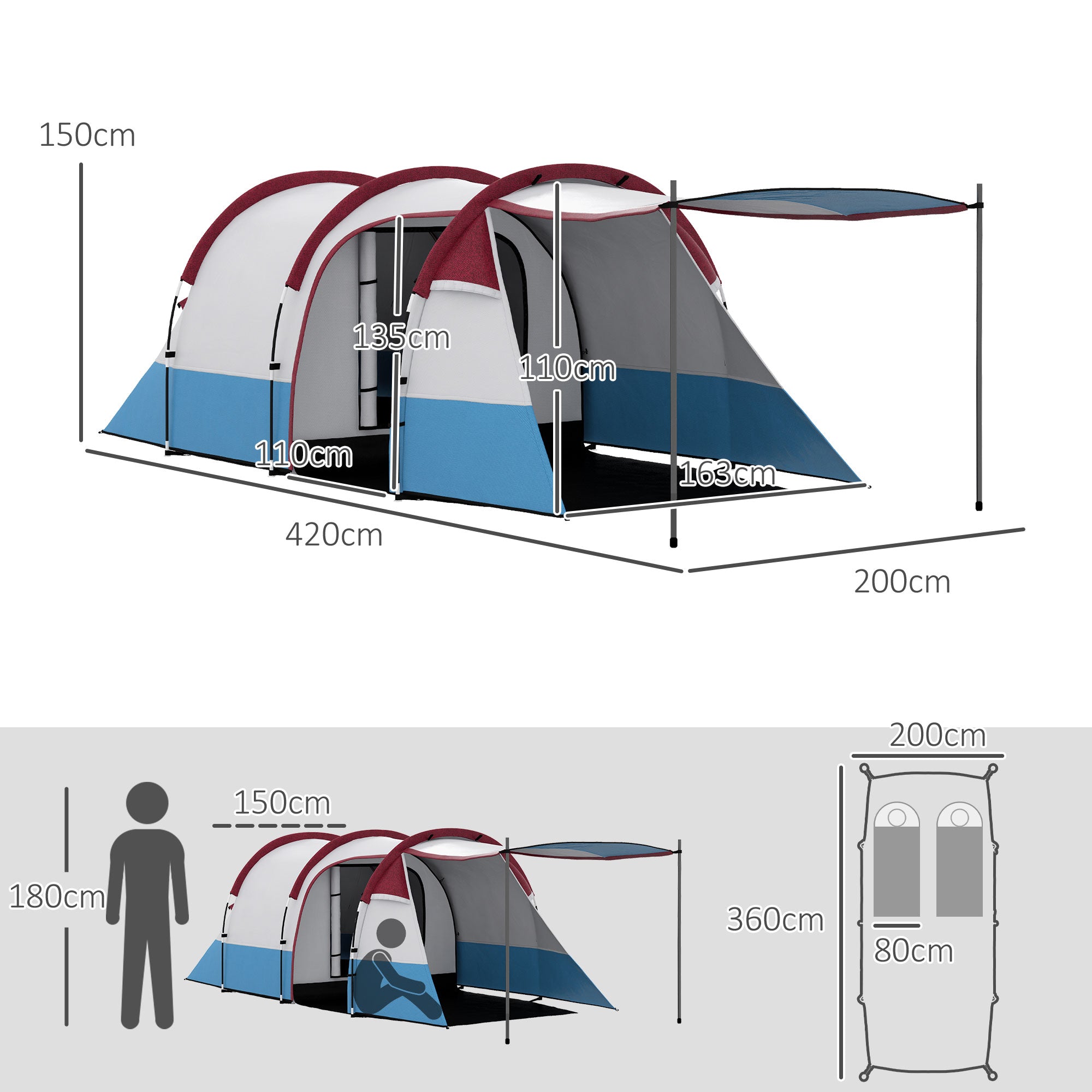 Camping Tent, Tunnel Tent for 3 People, with Light Hook, Awning, 2 Rooms, Windproof Family Tent with Carrying Bag, 2000mm Water Resistant Pop Up Tent for Camping, Garden, Red