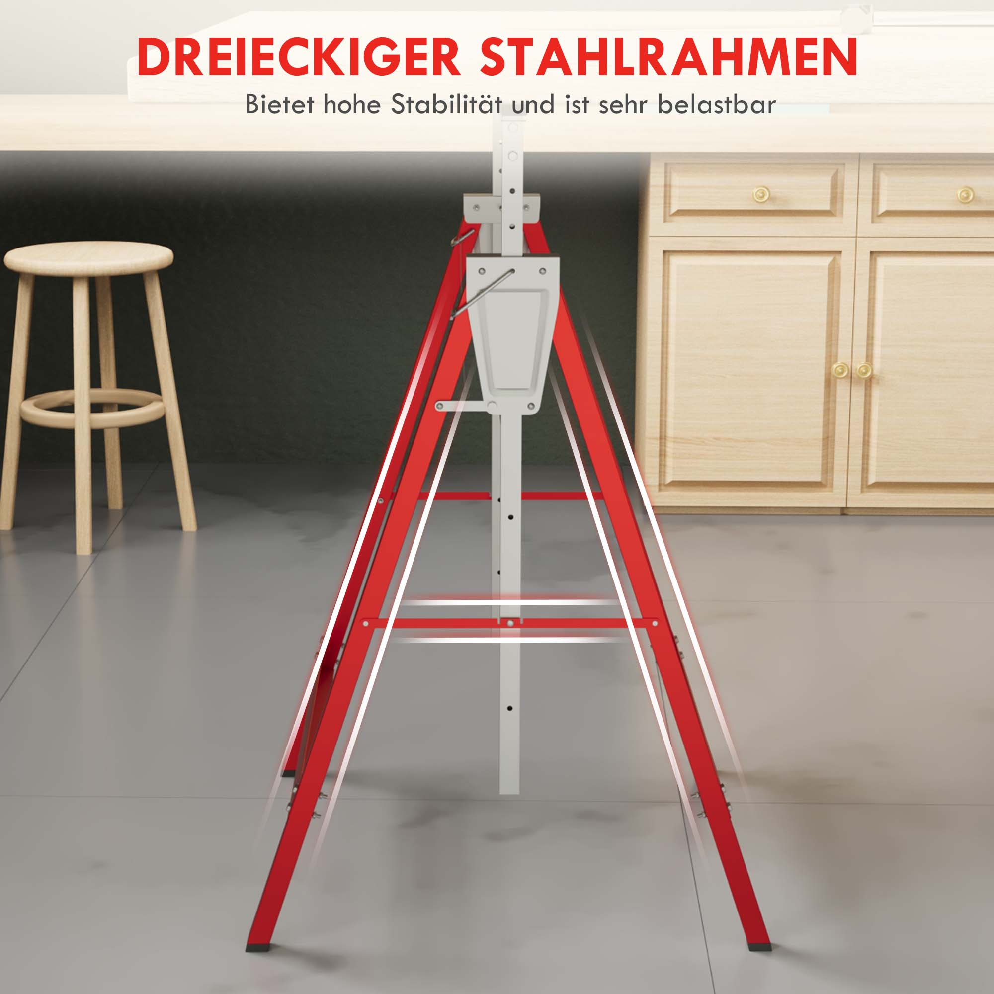 2 x Scaffold Trestle Folding Trestle Adjustable Height up to 200kg Steel Red 68 x 58 x 80-130 cm