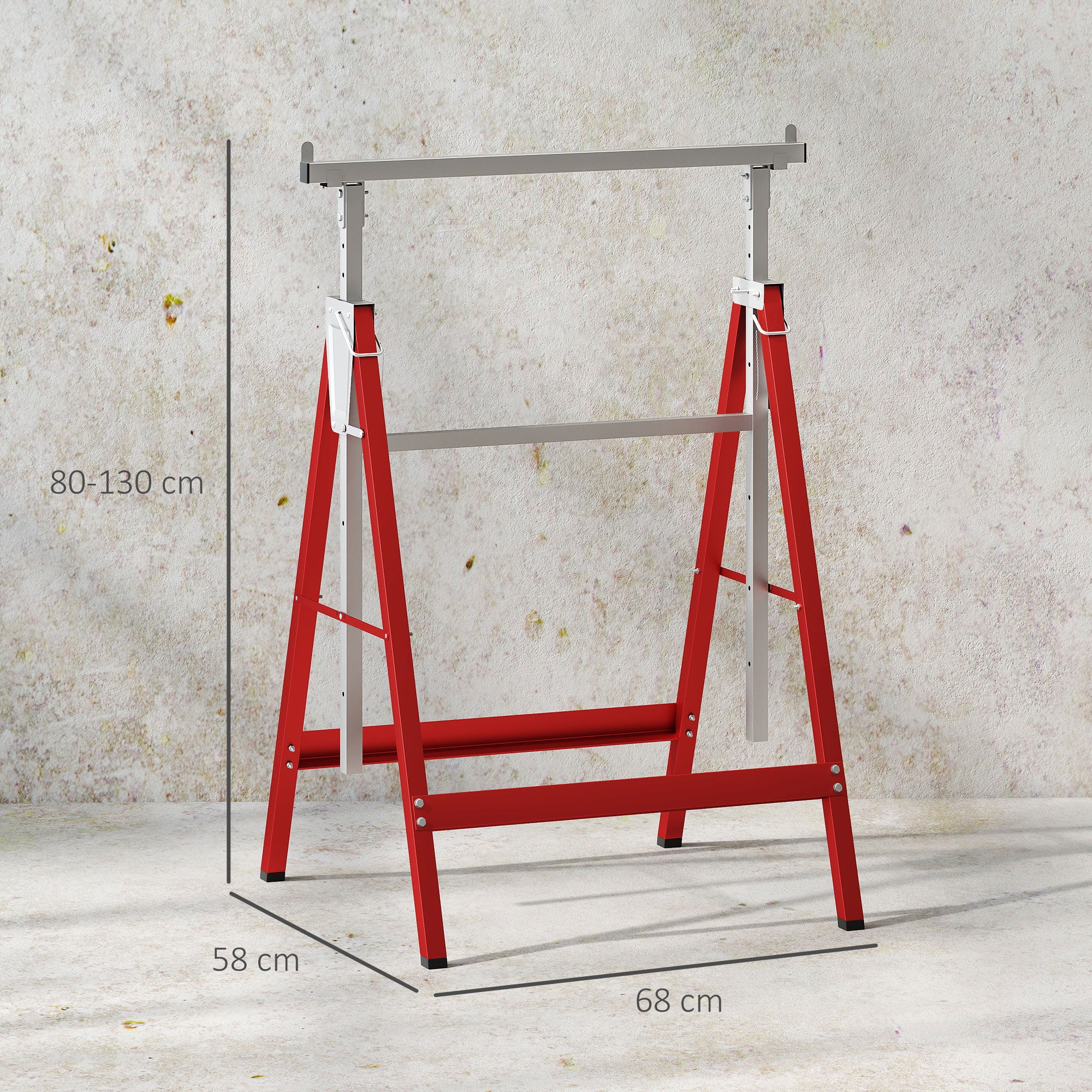 2 x Scaffold Trestle Folding Trestle Adjustable Height up to 200kg Steel Red 68 x 58 x 80-130 cm