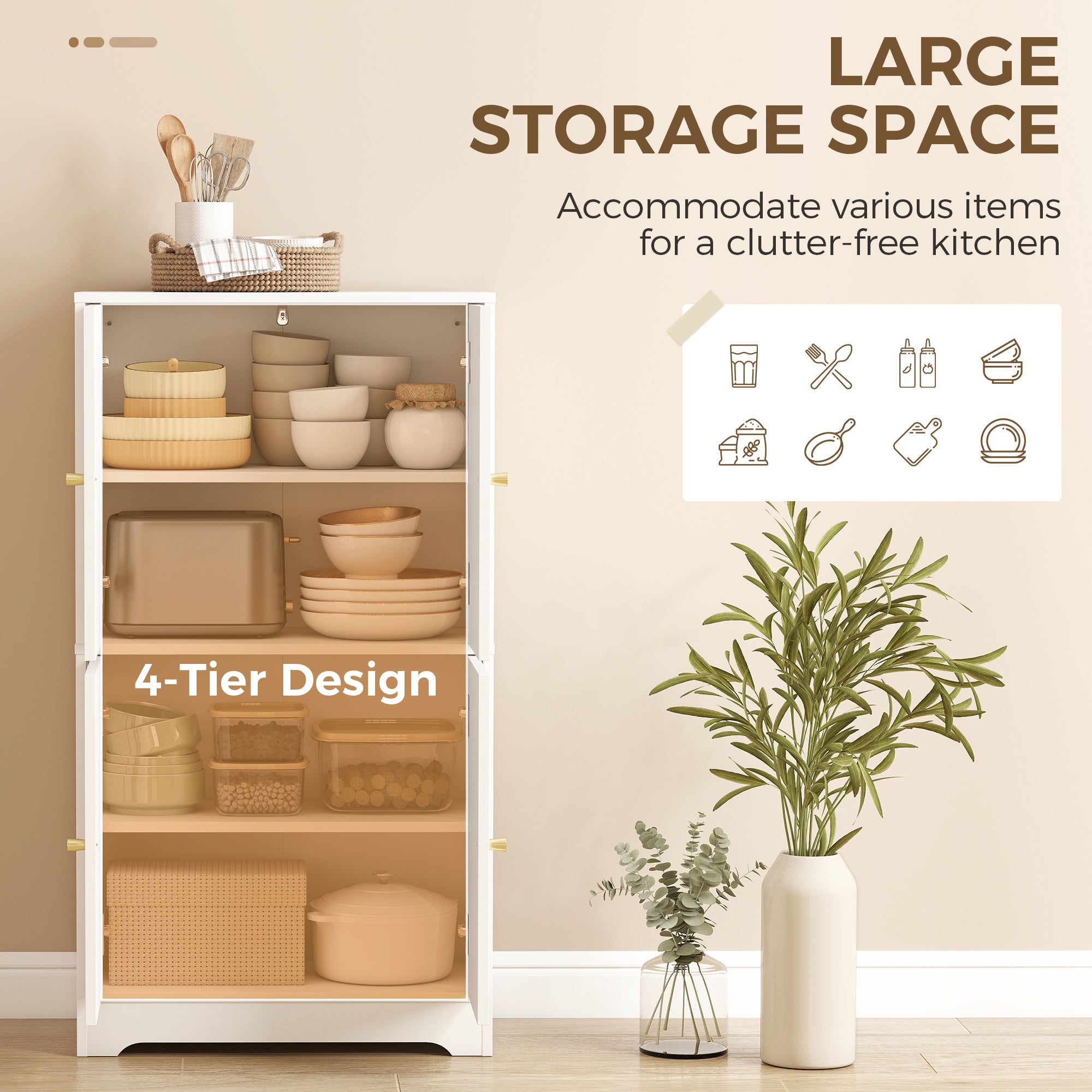 Kitchen Cabinet, Tall Cupboard with 2 Adjustable Shelves, 4 Arched Doors, White — 23.6 in x 11.8 in x 43.3 in (60 x 30 x 110 cm)