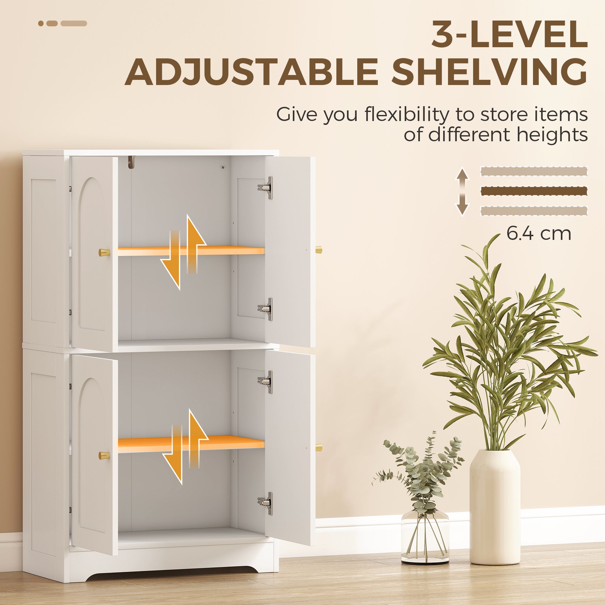 Kitchen Cabinet, Tall Cupboard with 2 Adjustable Shelves, 4 Arched Doors, White — 23.6 in x 11.8 in x 43.3 in (60 x 30 x 110 cm)