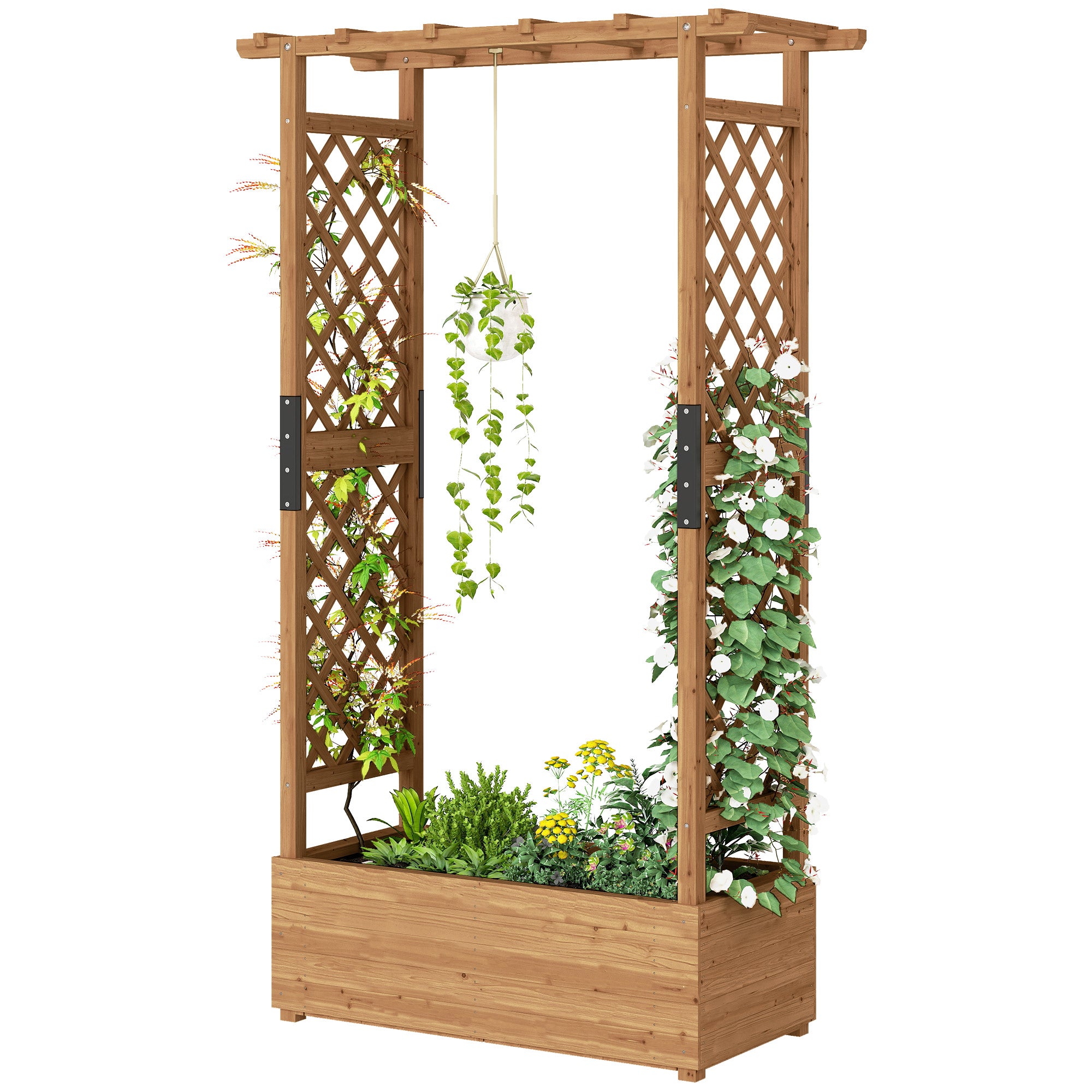 Raised Bed with Trellis & Hanging Roof — Wooden Planter Box with Climbing Support and Drainage Holes, for Garden & Balcony, 110 × 44 × 181 cm (43.3 × 17.3 × 71.3 in)