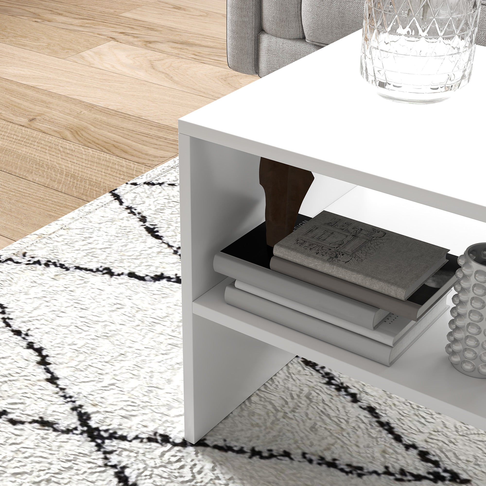 Modern 2-Tier Coffee Table with Open Shelf and Non-Slip Feet, Low Chipboard Table, 100x40x41.5 cm, White