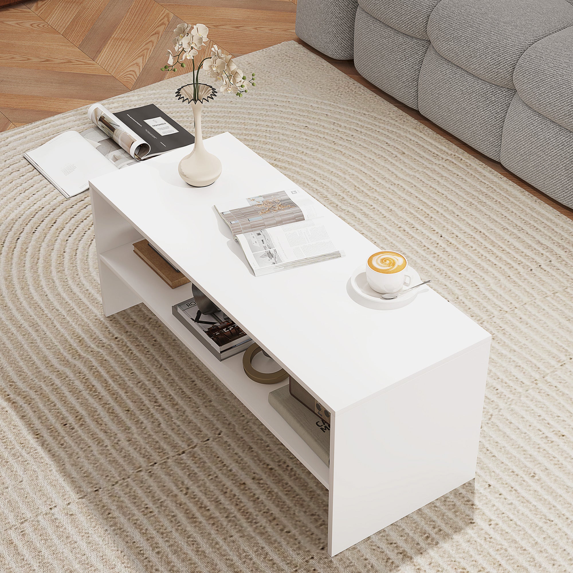 Modern 2-Tier Coffee Table with Open Shelf and Non-Slip Feet, Low Chipboard Table, 100x40x41.5 cm, White