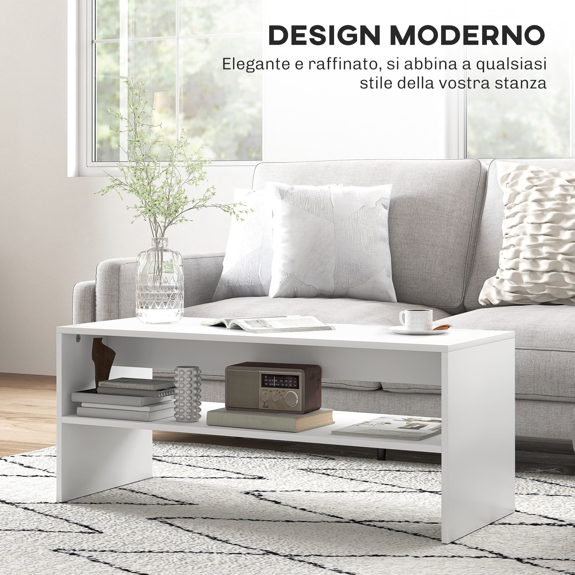 Modern 2-Tier Coffee Table with Open Shelf and Non-Slip Feet, Low Chipboard Table, 100x40x41.5 cm, White