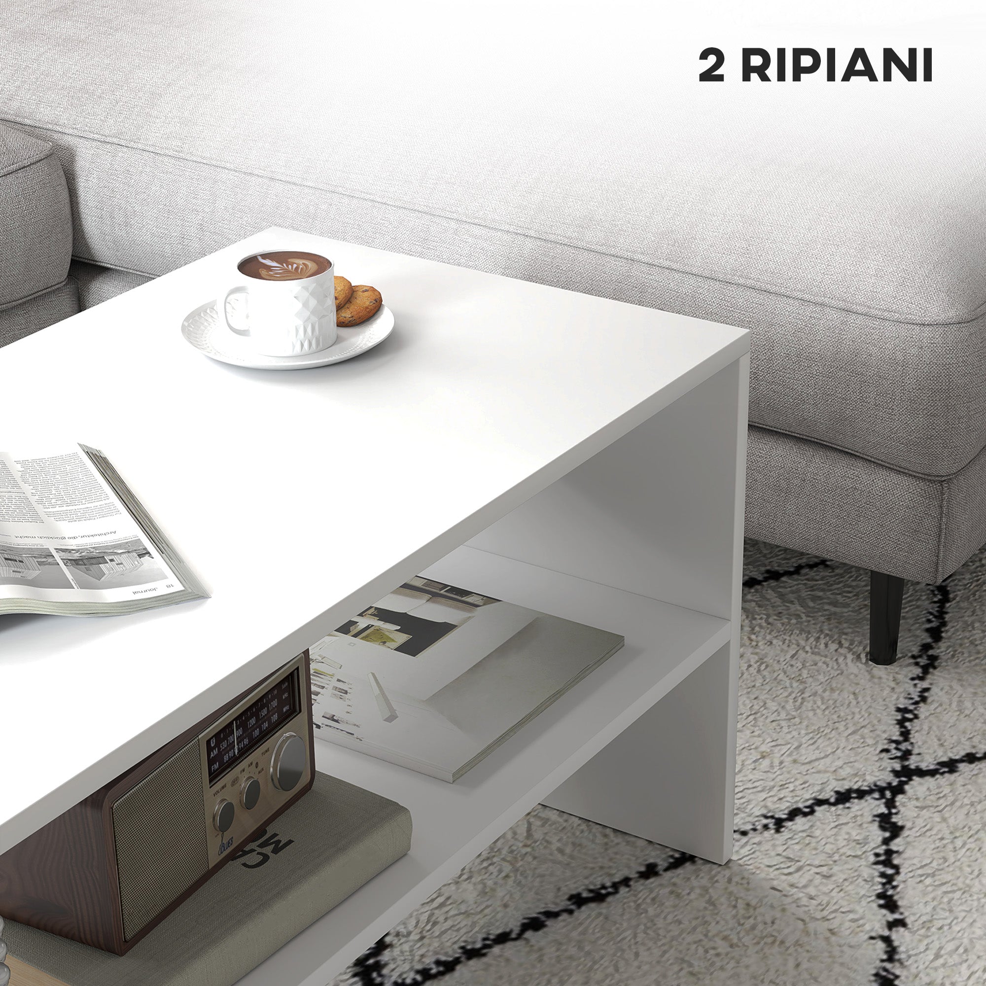 Modern 2-Tier Coffee Table with Open Shelf and Non-Slip Feet, Low Chipboard Table, 100x40x41.5 cm, White