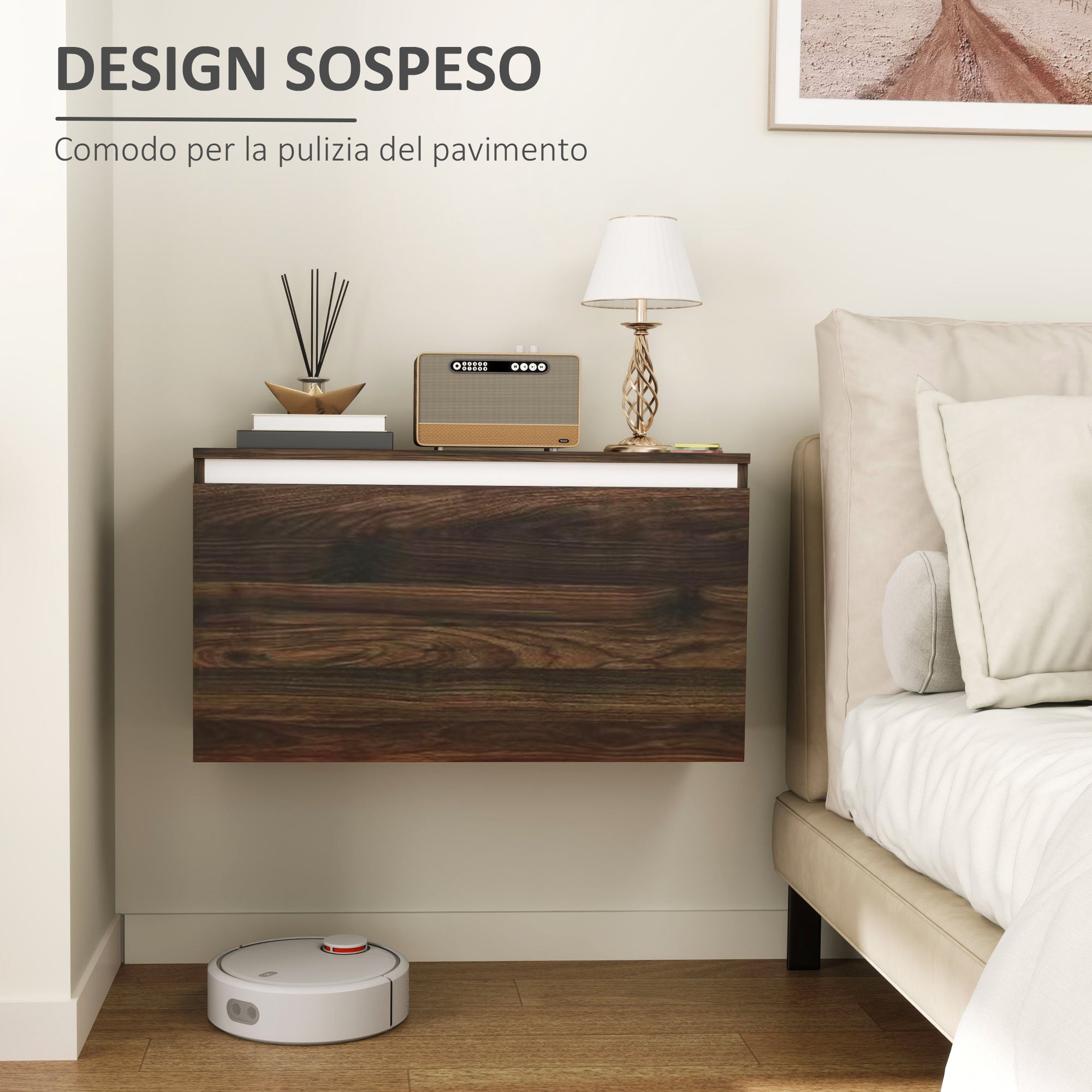Wall-Mounted Bedside Table with Handleless Drawer, Modern Wood Bedroom Wall Table, 80x30x45 cm, Walnut