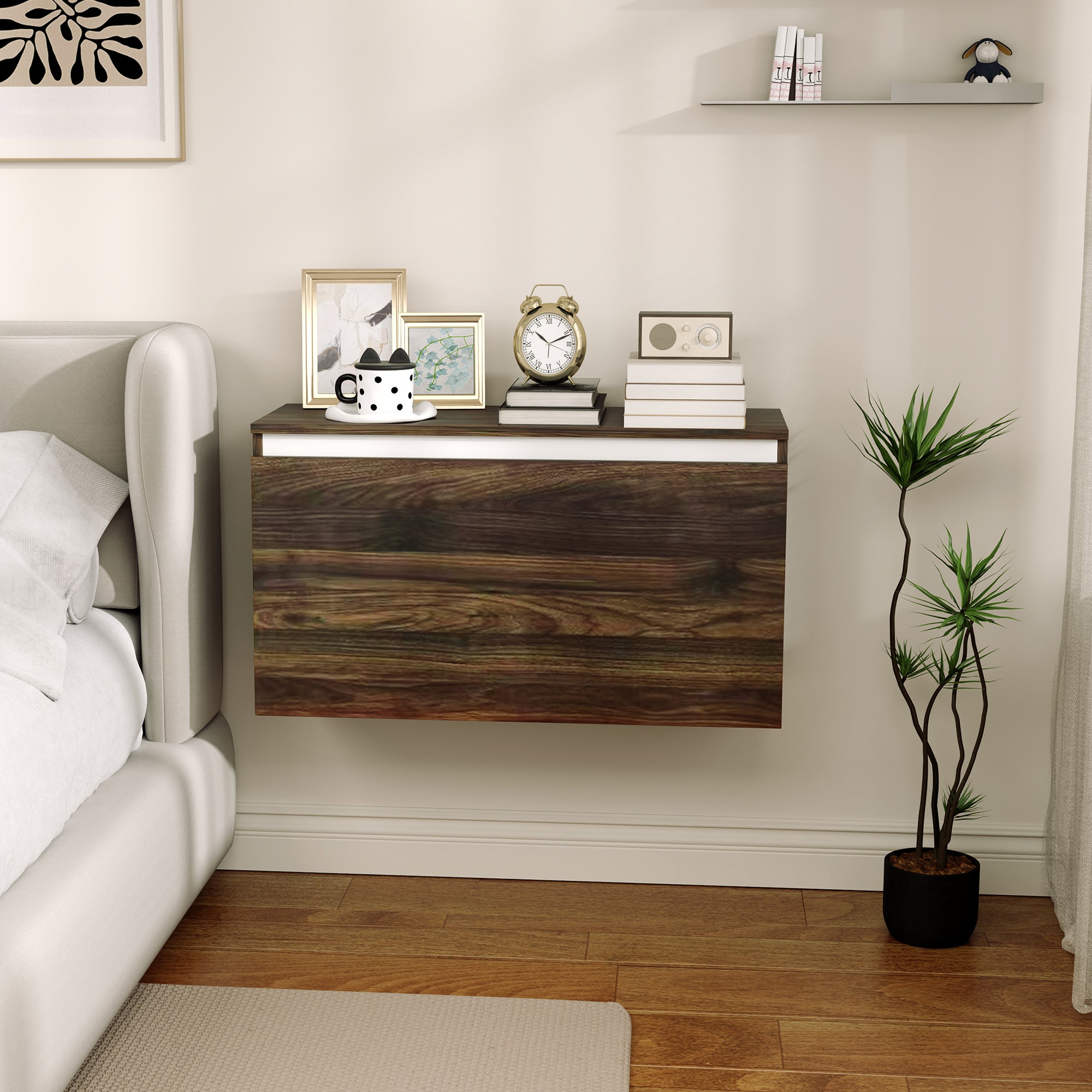 Wall-Mounted Bedside Table with Handleless Drawer, Modern Wood Bedroom Wall Table, 80x30x45 cm, Walnut
