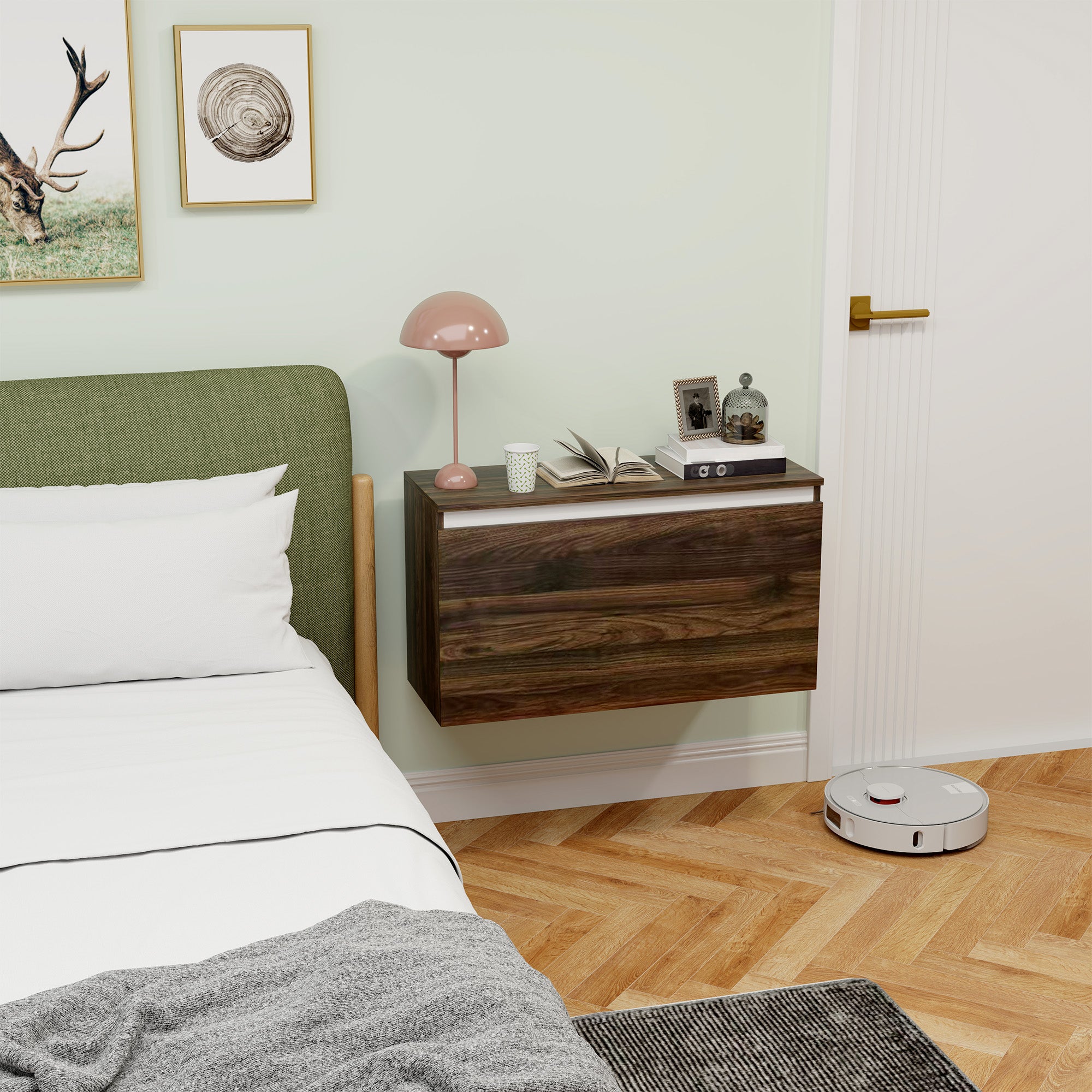 Wall-Mounted Bedside Table with Handleless Drawer, Modern Wood Bedroom Wall Table, 80x30x45 cm, Walnut