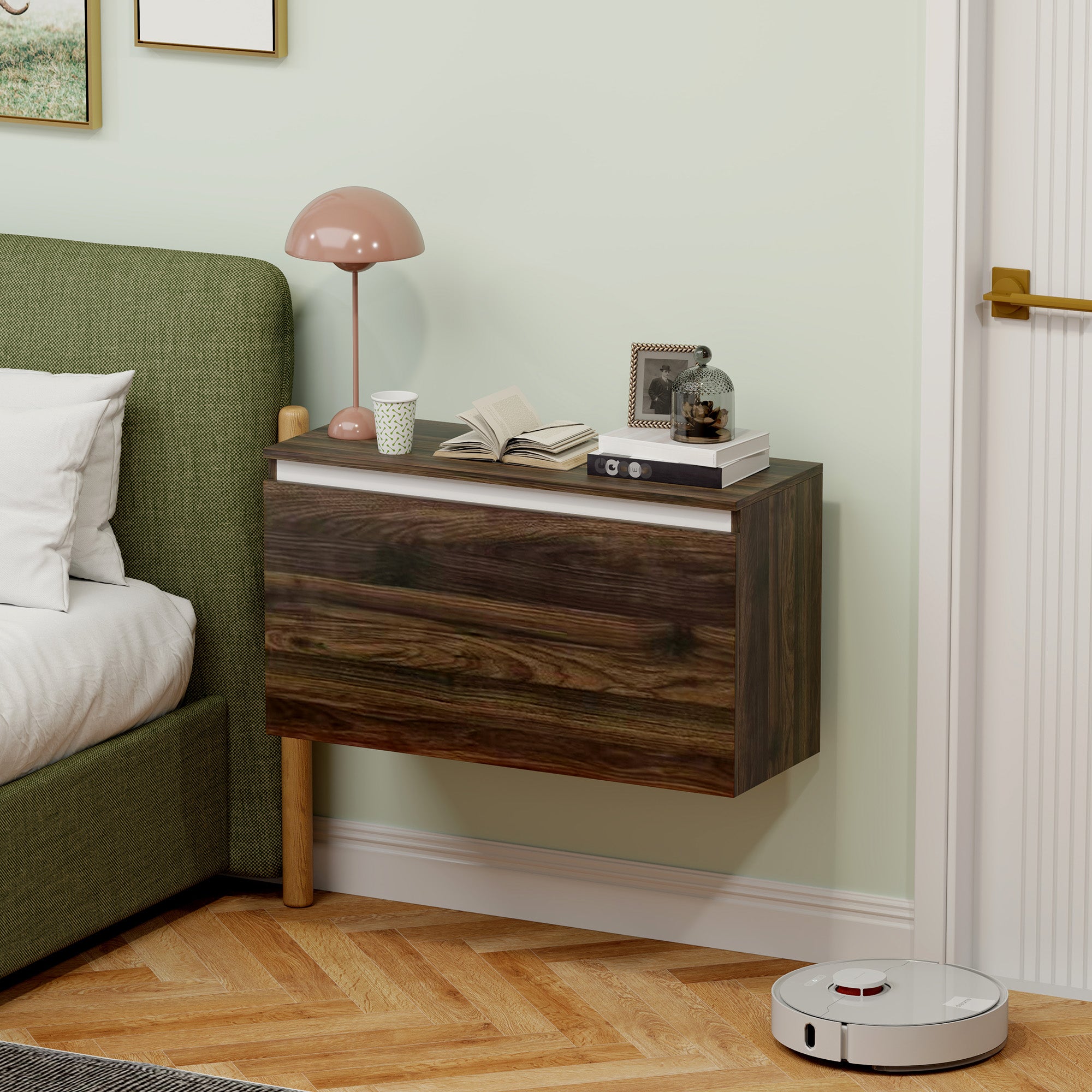 Wall-Mounted Bedside Table with Handleless Drawer, Modern Wood Bedroom Wall Table, 80x30x45 cm, Walnut