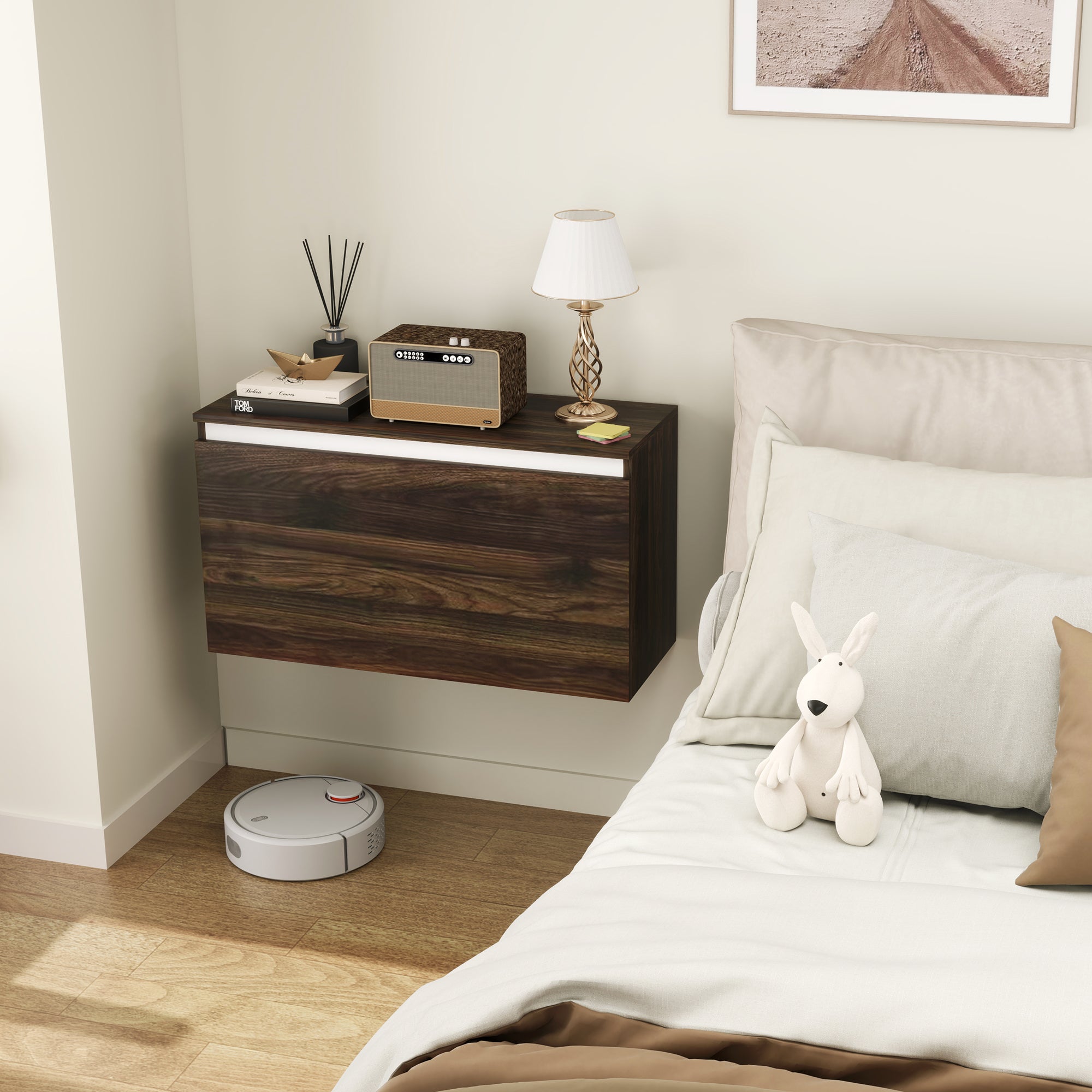 Wall-Mounted Bedside Table with Handleless Drawer, Modern Wood Bedroom Wall Table, 80x30x45 cm, Walnut