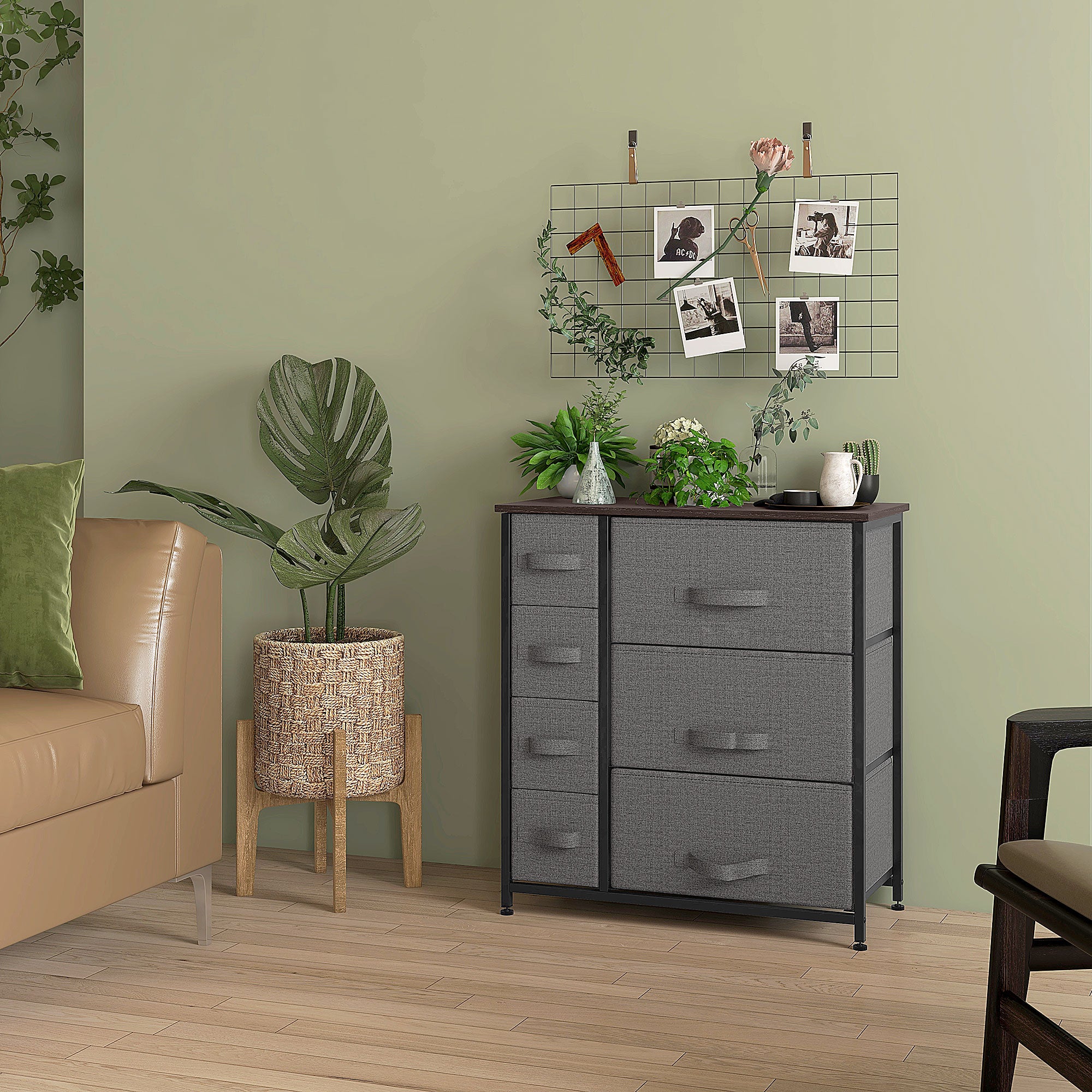 Drawer Cabinet Storage Cabinet with Foldable 7 Fabric Drawers Metal Frame + Wood + Non-Woven Dark Grey 63.5 x 30 x 71 cm