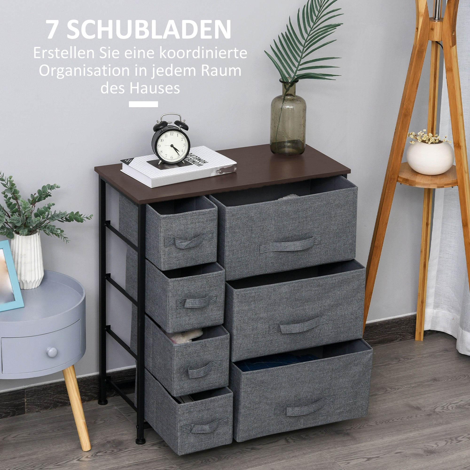 Drawer Cabinet Storage Cabinet with Foldable 7 Fabric Drawers Metal Frame + Wood + Non-Woven Dark Grey 63.5 x 30 x 71 cm