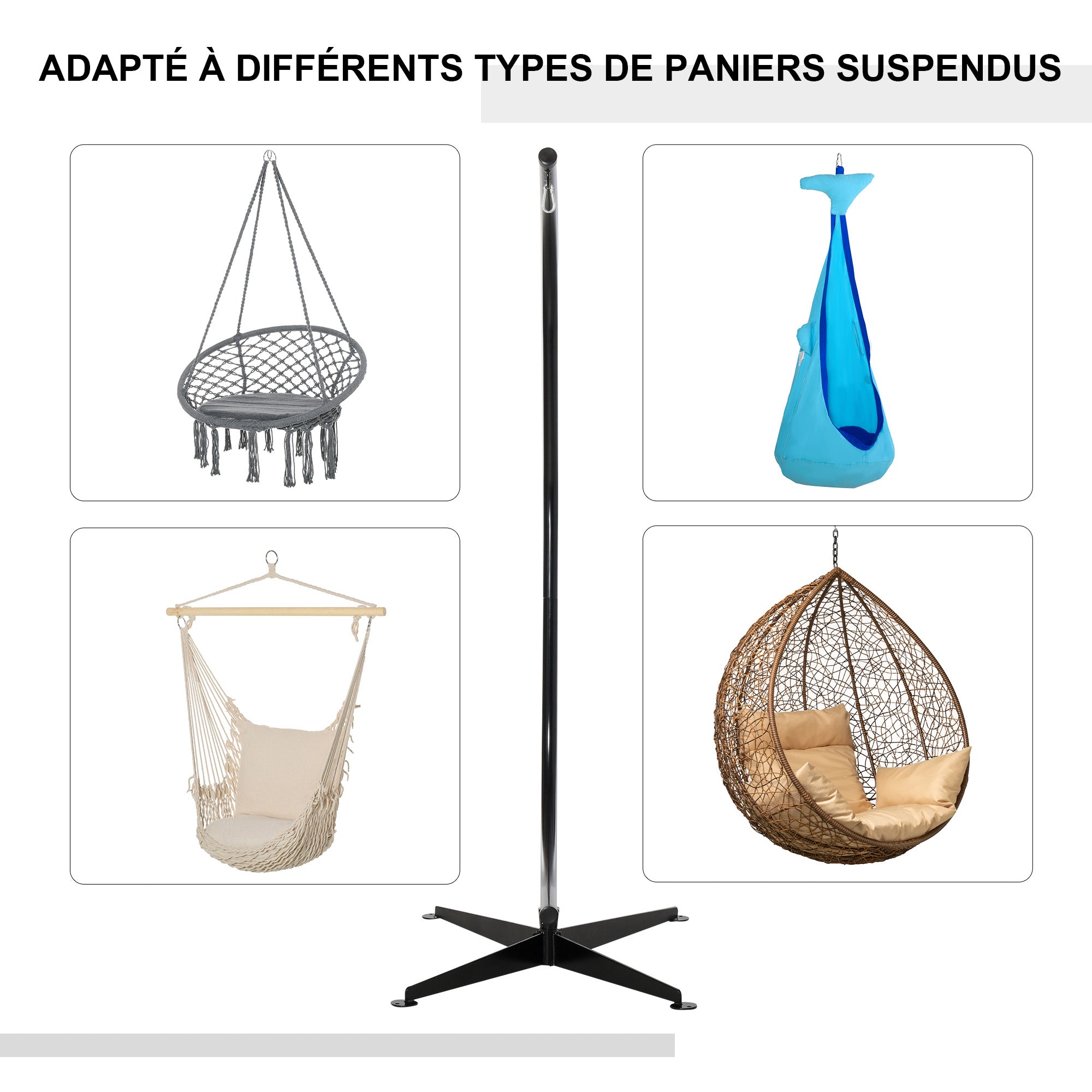 Hanging Chair Stand, Hanging Chair Support, X Base, C Frame, Spring Loop Included, Sturdy Metal Frame, max. load 120 kg, 114 x 80 x 208 cm, Black