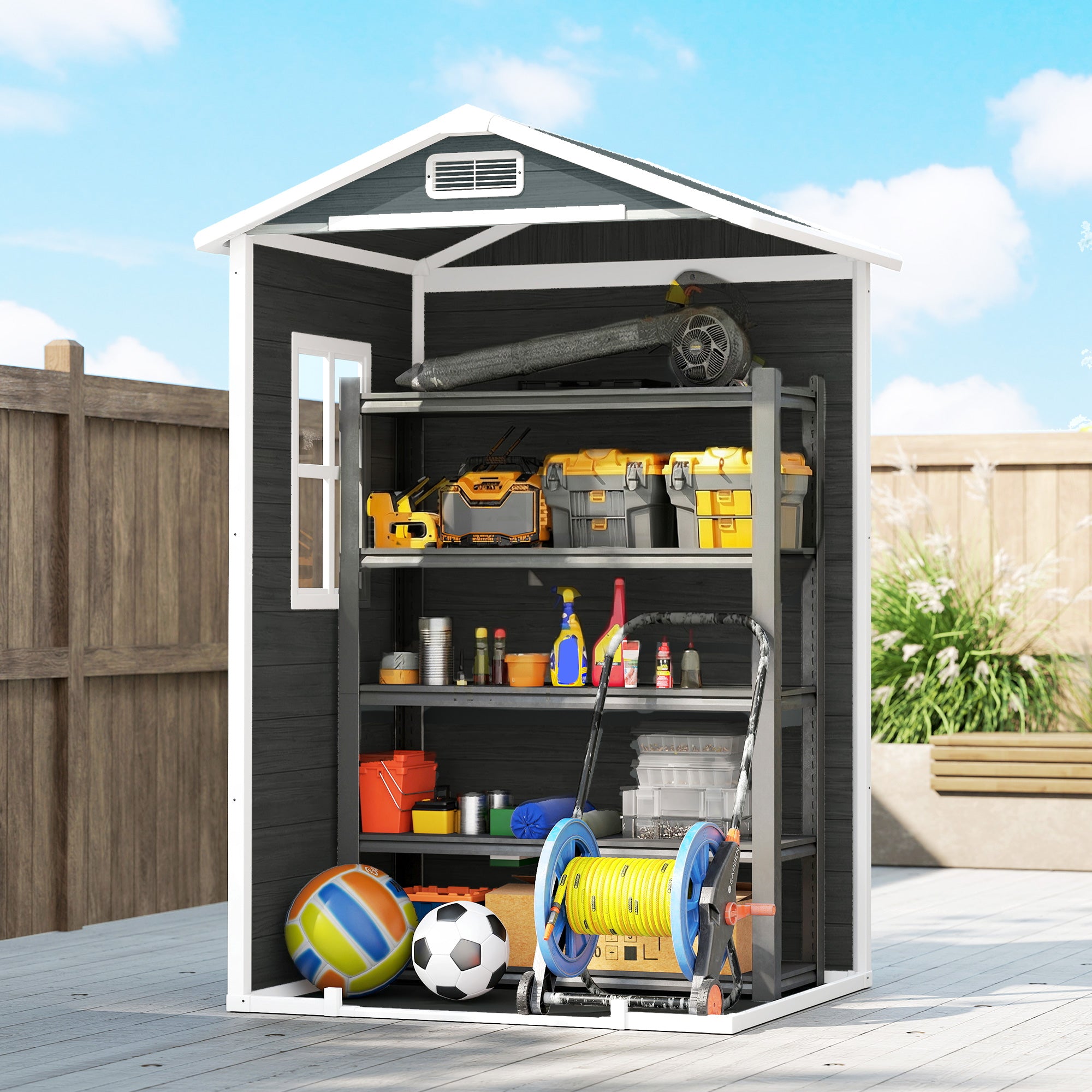 Wood-Effect Resin Garden Shed with Floor & Window, 128 x 104 x 196 cm (50.4 x 40.9 x 77.2 in) — Weathered Gray