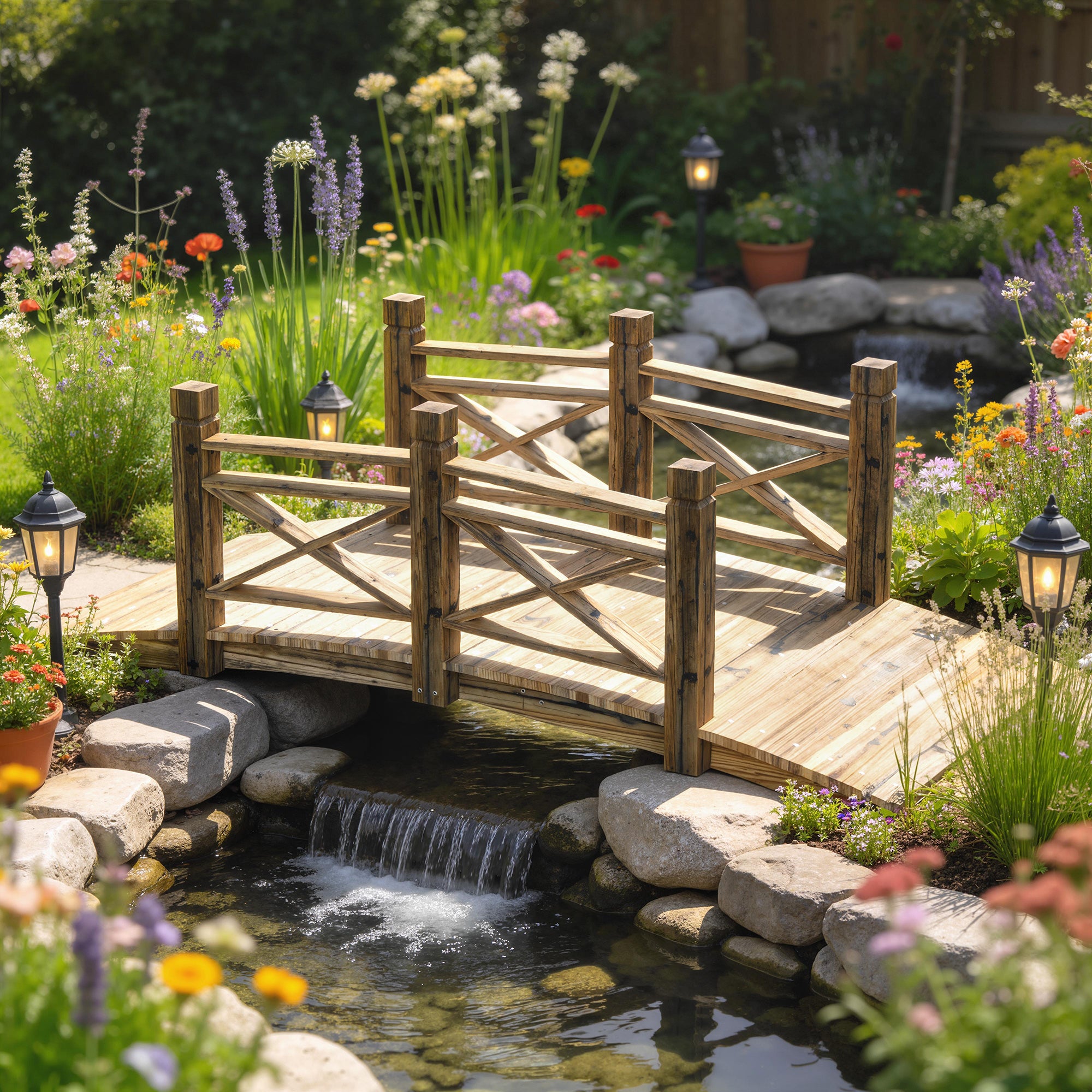 Pine Garden Bridge with Handrails, Charred Finish (Shou Sugi Ban) — Walkable Decorative Pond Bridge, Rustic Arched Design, Weather-Resistant, Up to 200 kg, 174 x 78 x 57.5 cm