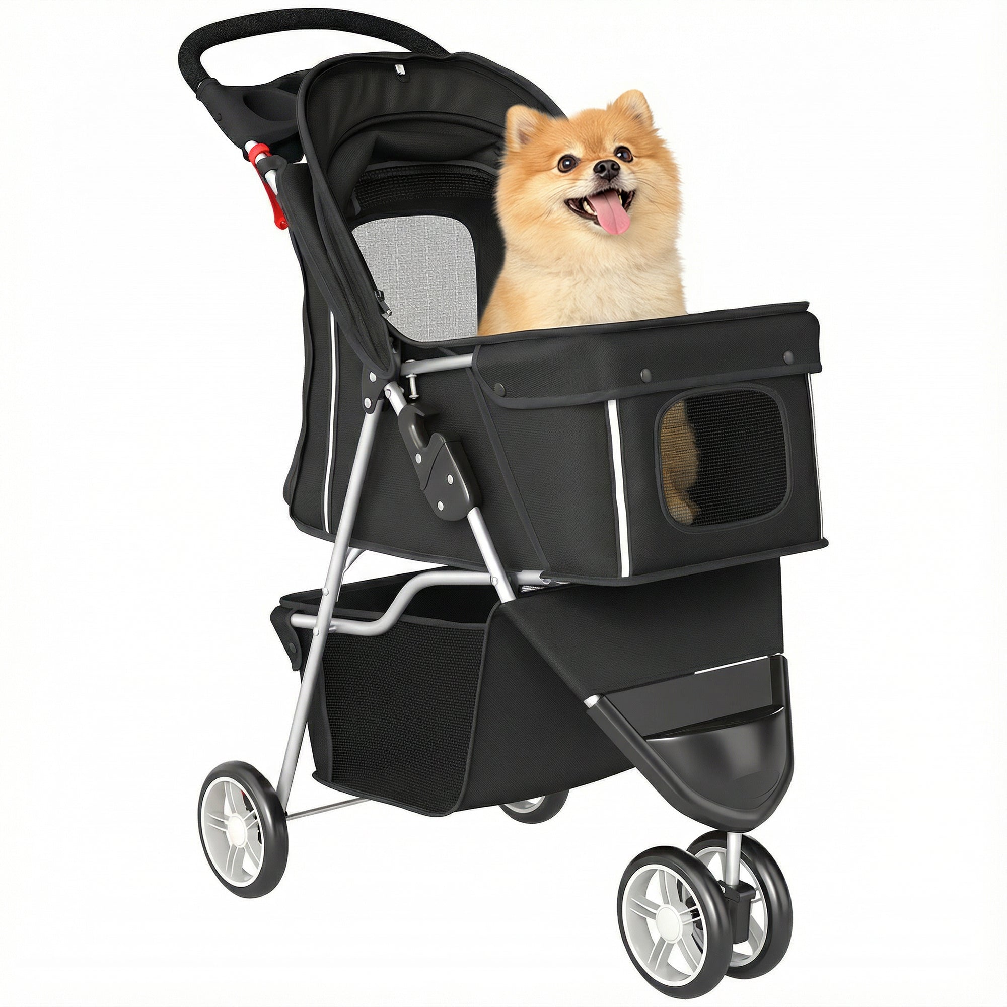 Foldable Pet Stroller — Collapsible Dog & Cat Buggy up to 22 lb with Storage Basket, Cushion, Mesh Windows, Cup Holder, 3 Wheels, Black