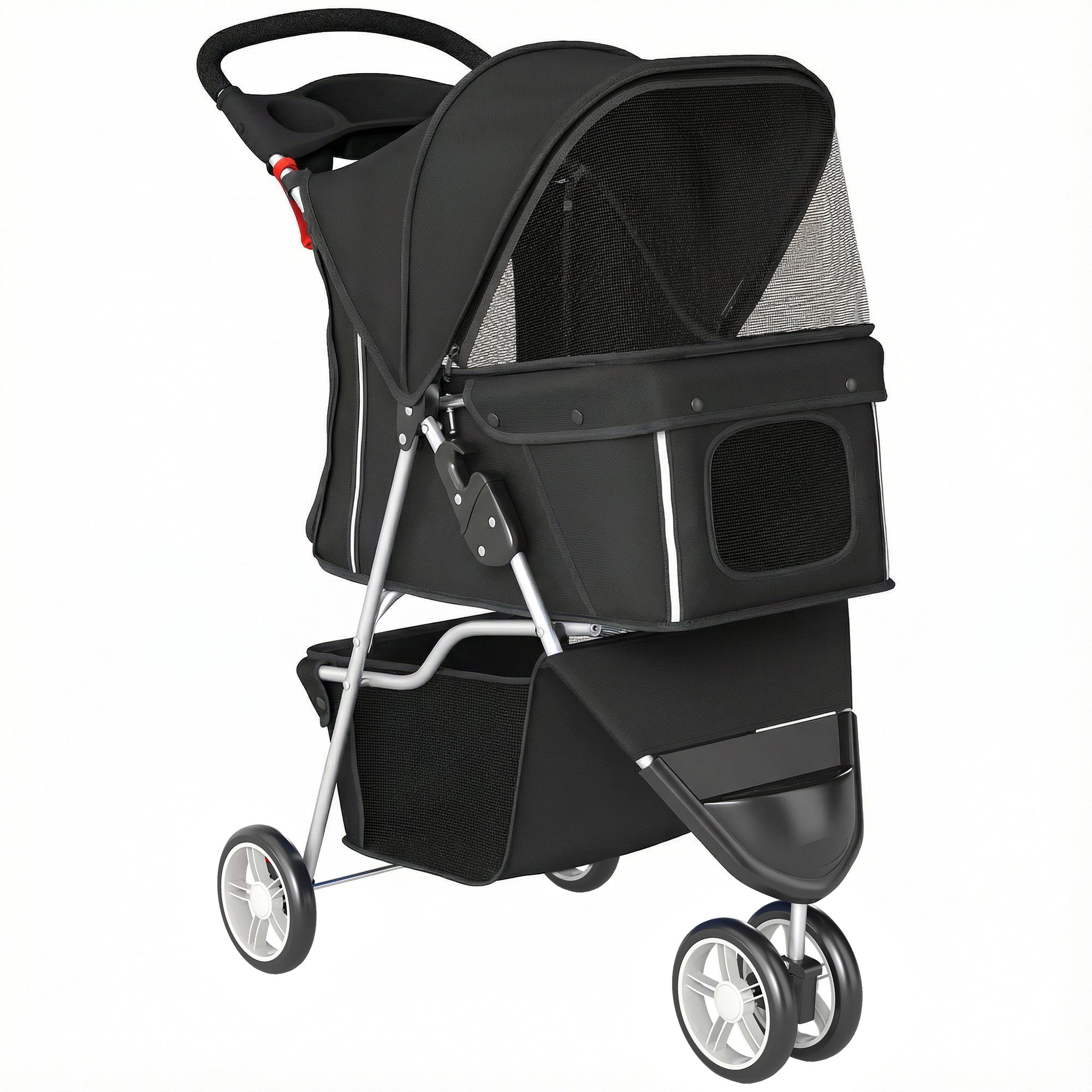 Foldable Pet Stroller — Collapsible Dog & Cat Buggy up to 22 lb with Storage Basket, Cushion, Mesh Windows, Cup Holder, 3 Wheels, Black