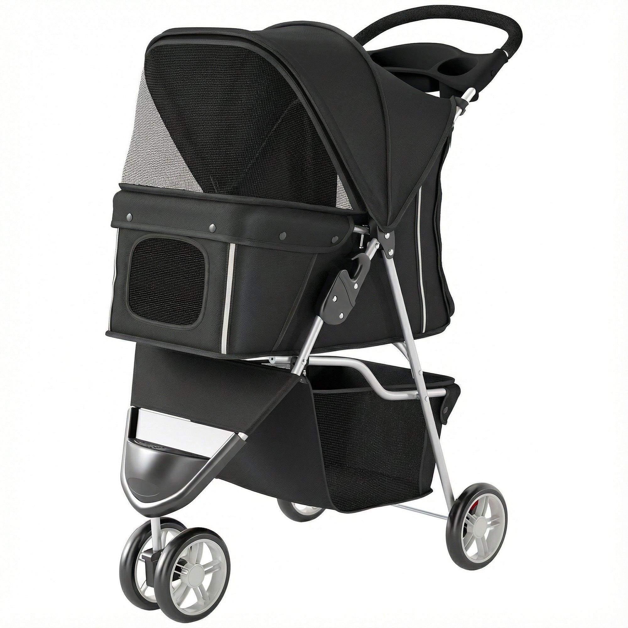 Foldable Pet Stroller — Collapsible Dog & Cat Buggy up to 22 lb with Storage Basket, Cushion, Mesh Windows, Cup Holder, 3 Wheels, Black