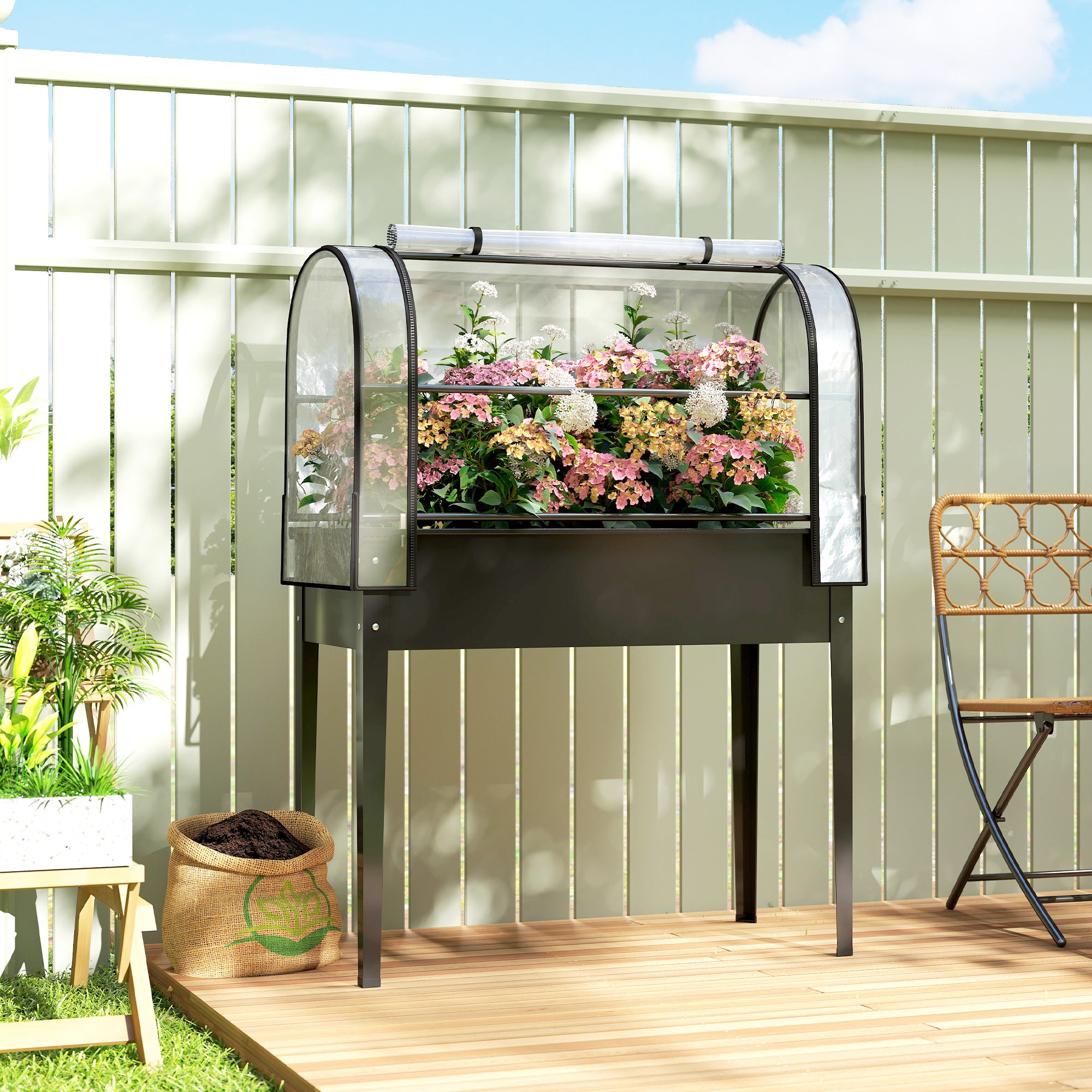 Raised Planter with Removable Greenhouse Cover, Lift-Top Planter Bed with Roll-Up Zip Door, Drainage Hole, Metal Vegetable Planter for Garden/Balcony, 39.4 x 19.3 x 53.5 in (100 x 49 x 136 cm) – Black