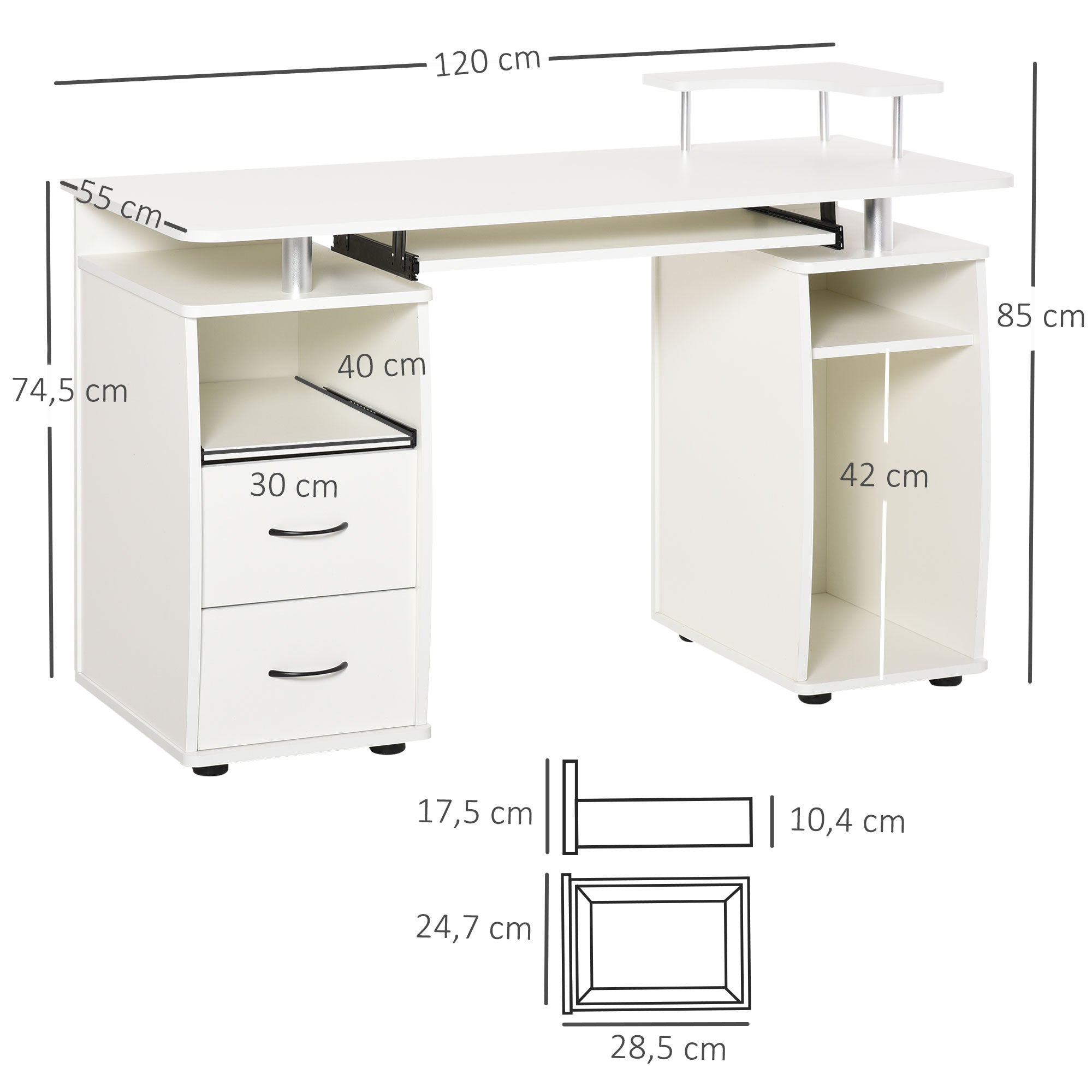 Desk with Shelves Computer Table with 2 Drawers Removable Keyboard Tray and Monitor Stand CPU for Office Study 120x55x85 cm White