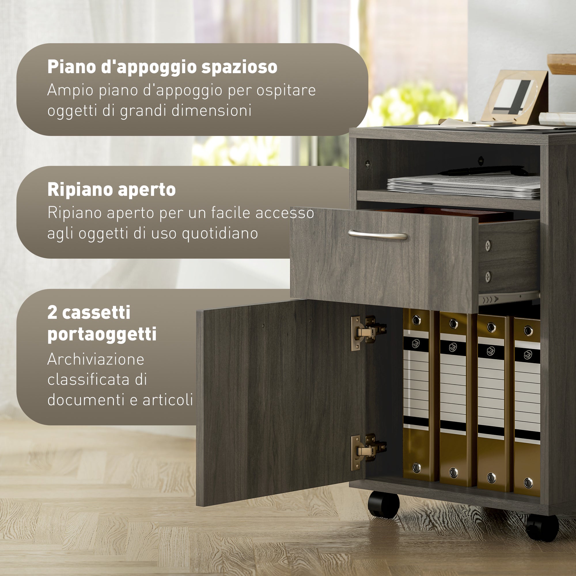 Office File Cabinet with Drawer, Cupboard, Locking Casters & Open Shelf — Fits Letter/Legal/A4, 15.7"x13.8"x23.6", Gray