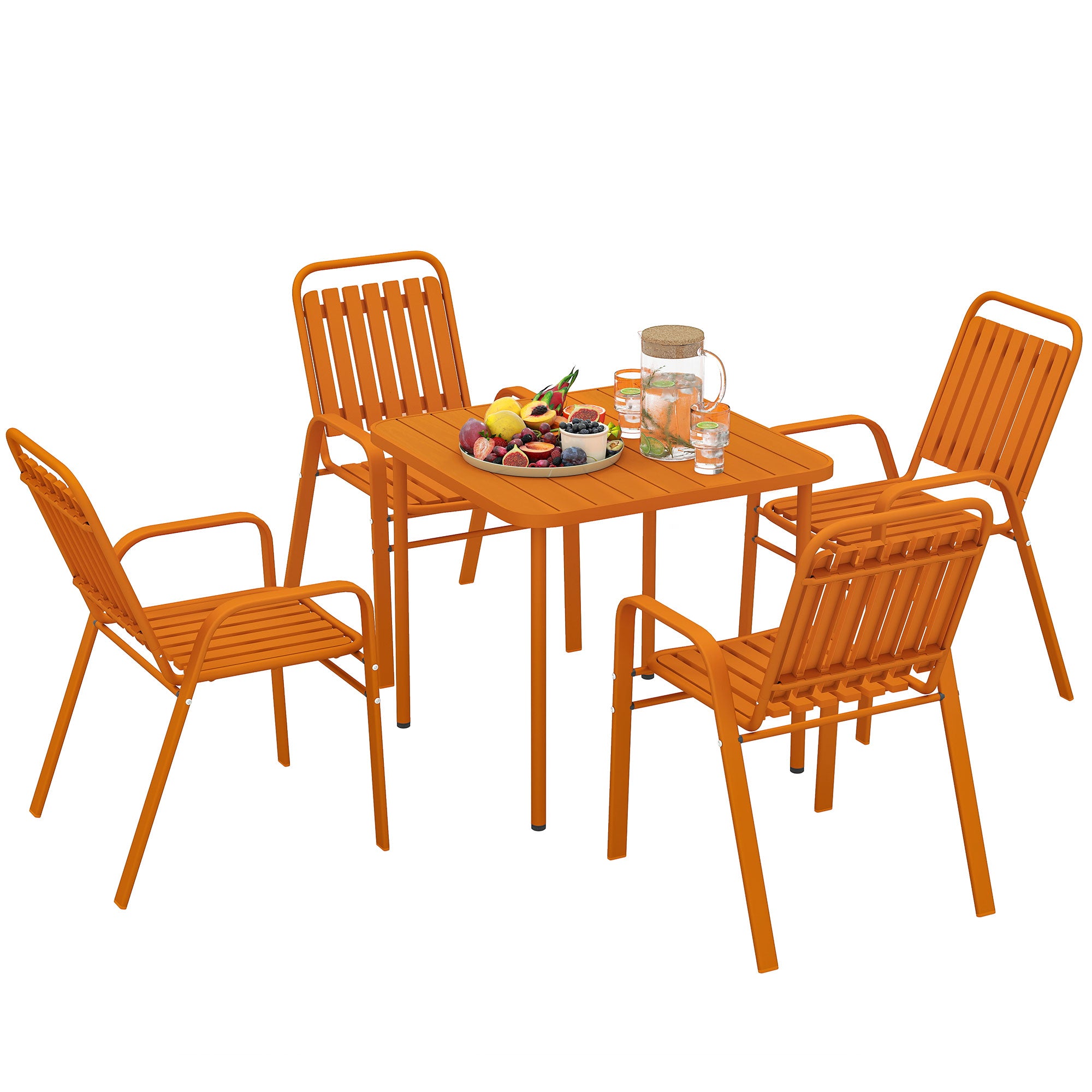 5-Piece Outdoor Garden Set, Outdoor Table with 4 Stackable Chairs, 80 cm Slatted Top, Rust-Resistant Steel Frame, Garden Furniture, Terrace, Patio, Orange