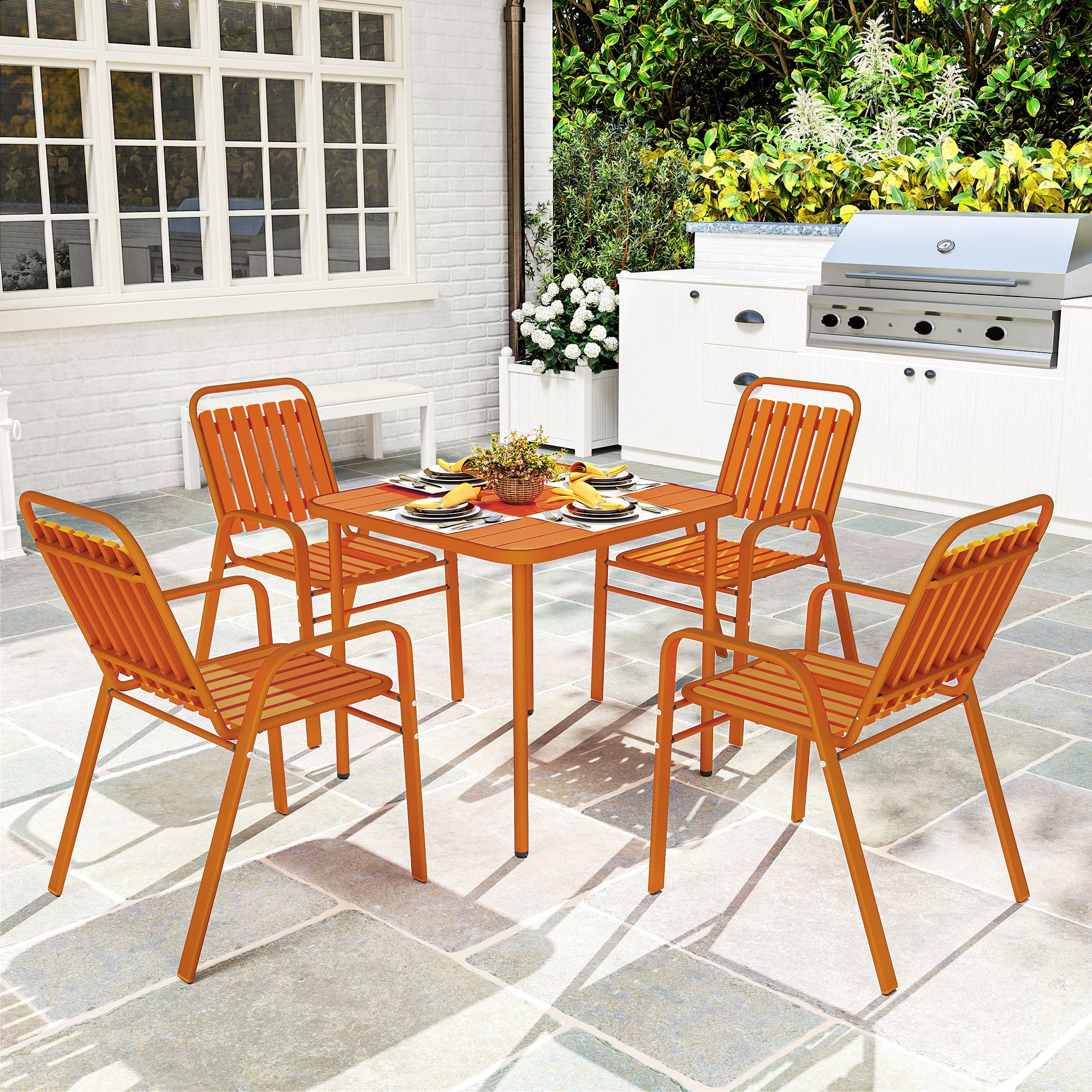 5-Piece Outdoor Garden Set, Outdoor Table with 4 Stackable Chairs, 80 cm Slatted Top, Rust-Resistant Steel Frame, Garden Furniture, Terrace, Patio, Orange