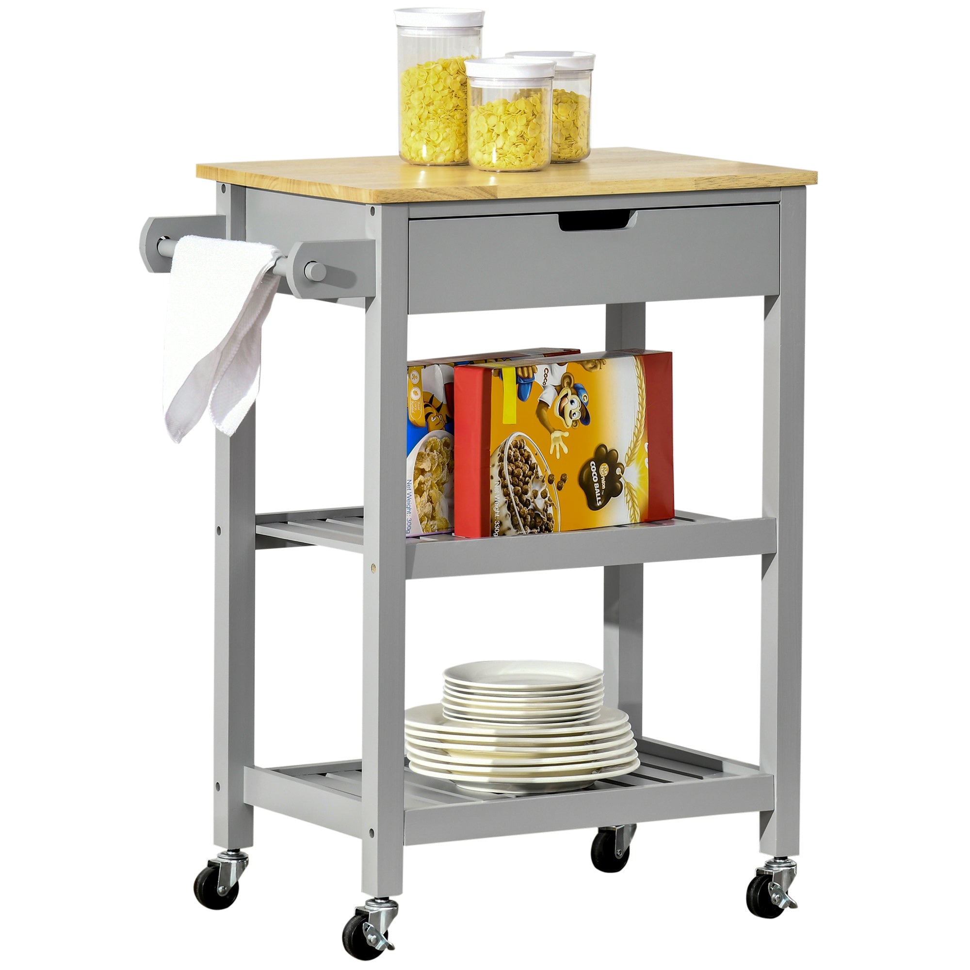 Rolling Kitchen Cart with Hevea Wood Worktop - 2 Shelves, 1 Drawer, and 1 Towel Holder