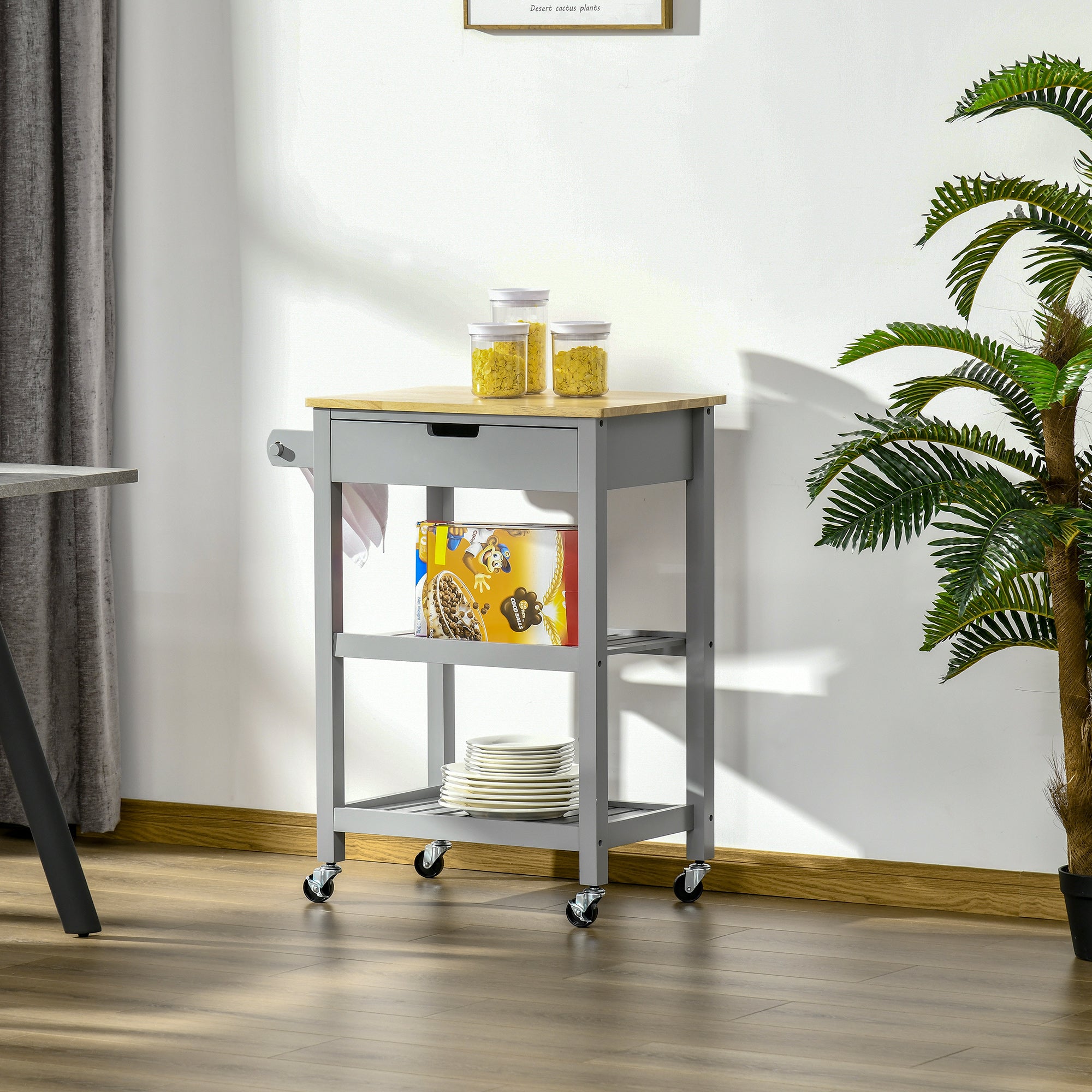 Rolling Kitchen Cart with Hevea Wood Worktop - 2 Shelves, 1 Drawer, and 1 Towel Holder