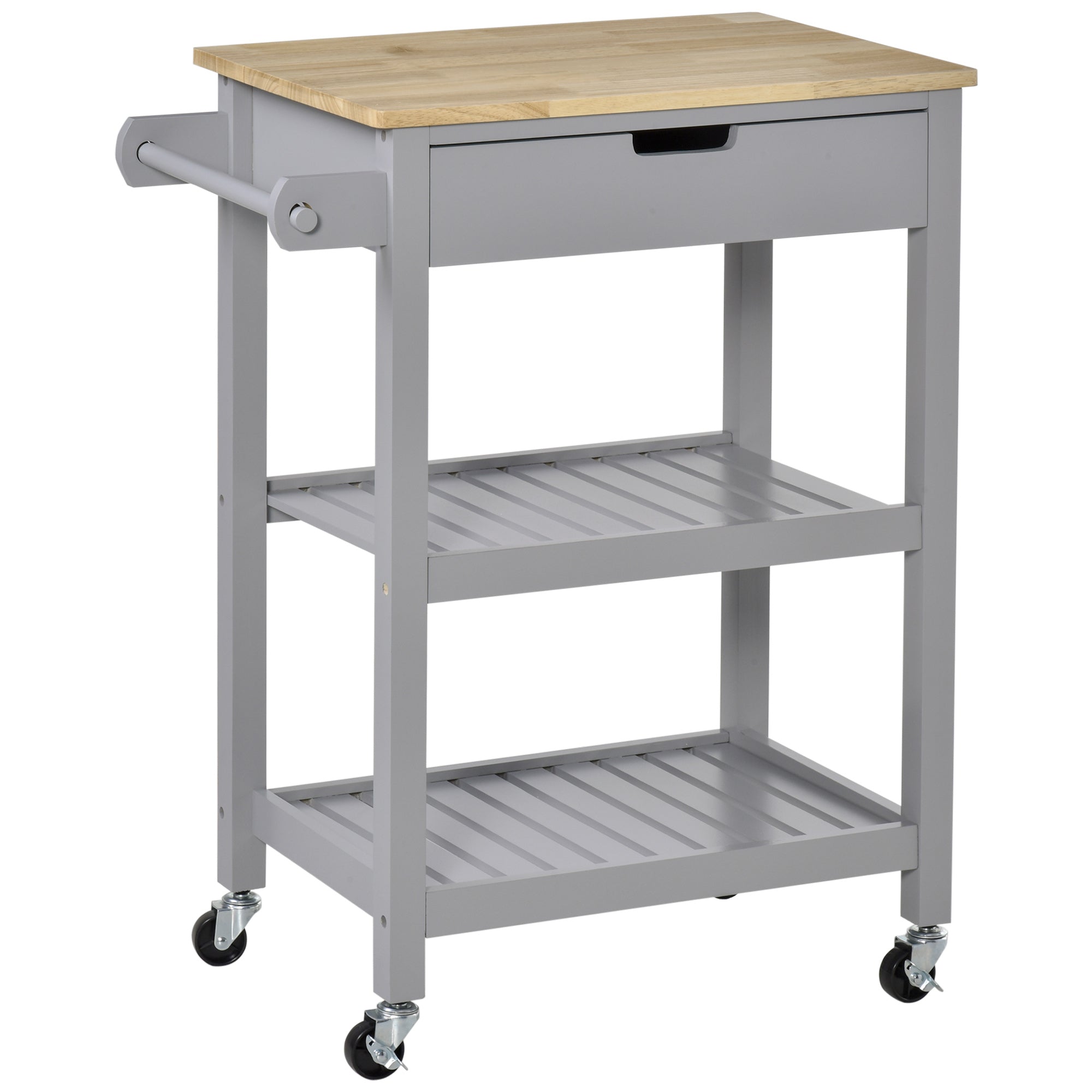 Rolling Kitchen Cart with Hevea Wood Worktop - 2 Shelves, 1 Drawer, and 1 Towel Holder