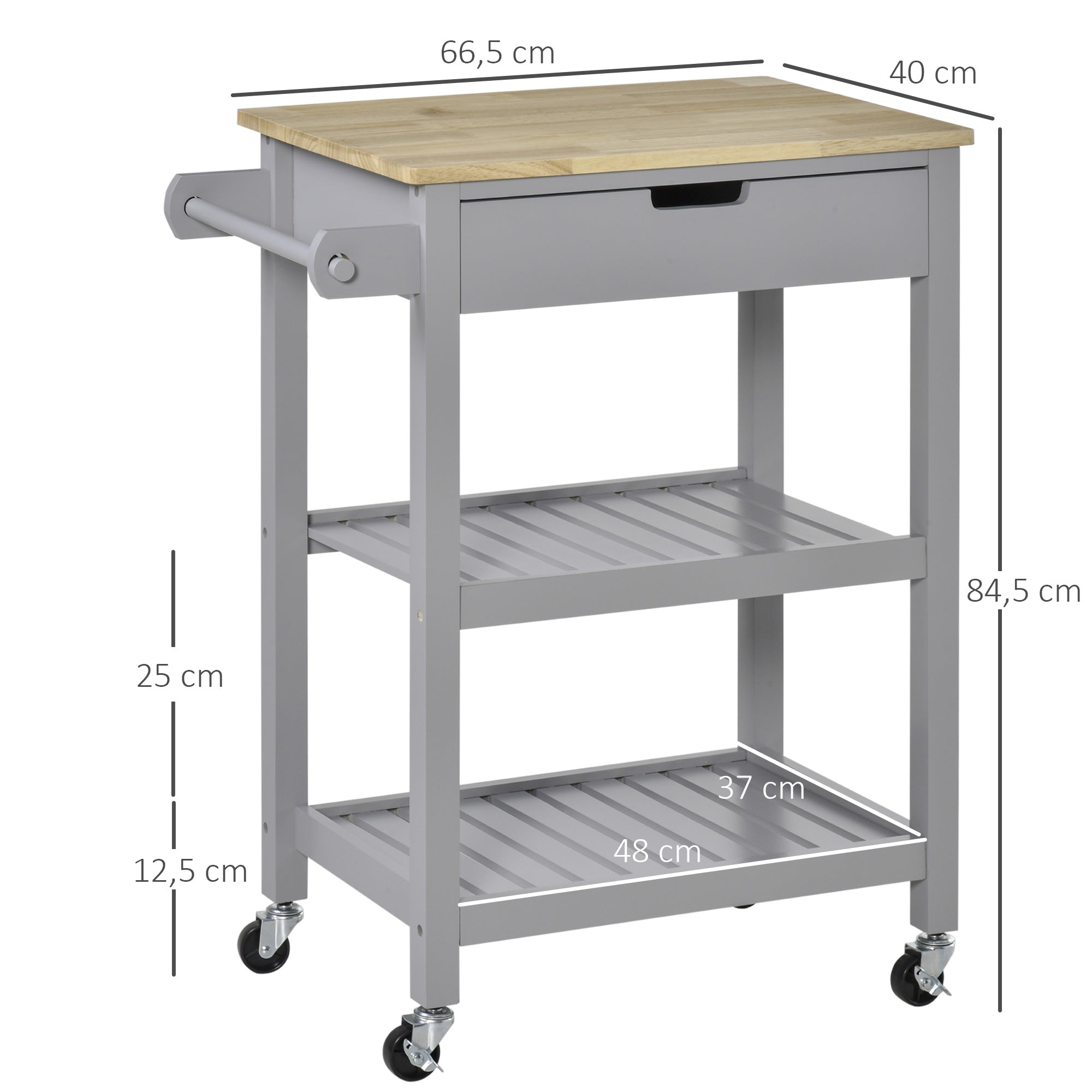 Rolling Kitchen Cart with Hevea Wood Worktop - 2 Shelves, 1 Drawer, and 1 Towel Holder