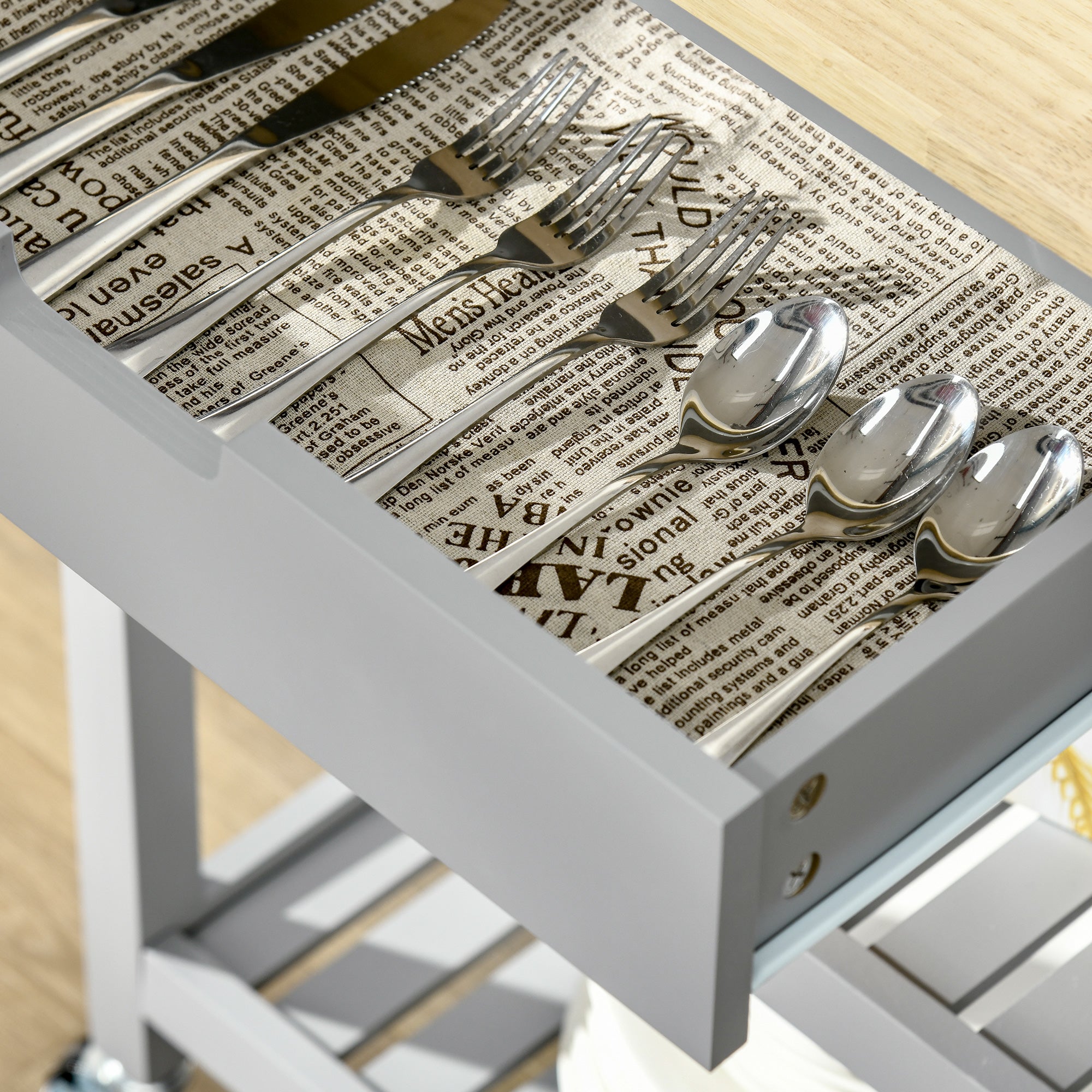 Rolling Kitchen Cart with Hevea Wood Worktop - 2 Shelves, 1 Drawer, and 1 Towel Holder