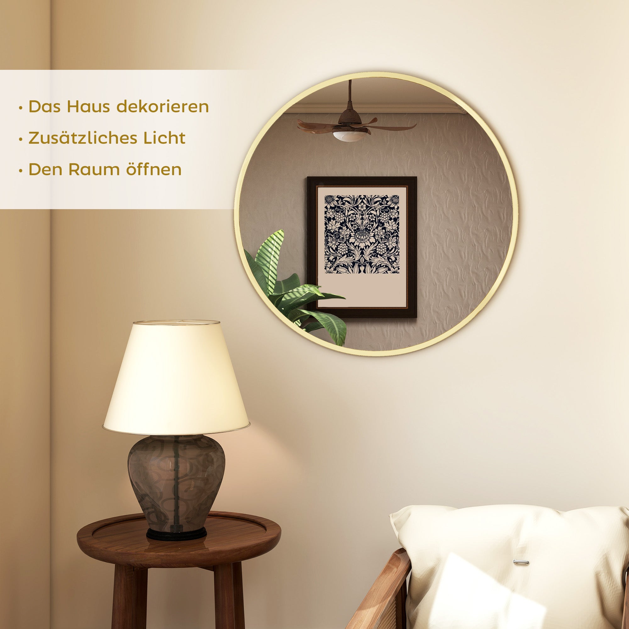 Round Wall Mirror, 24 in (61 cm) Diameter – Gold Aluminum Alloy Frame, Decorative Mirror for Bathroom, Living Room, Bedroom