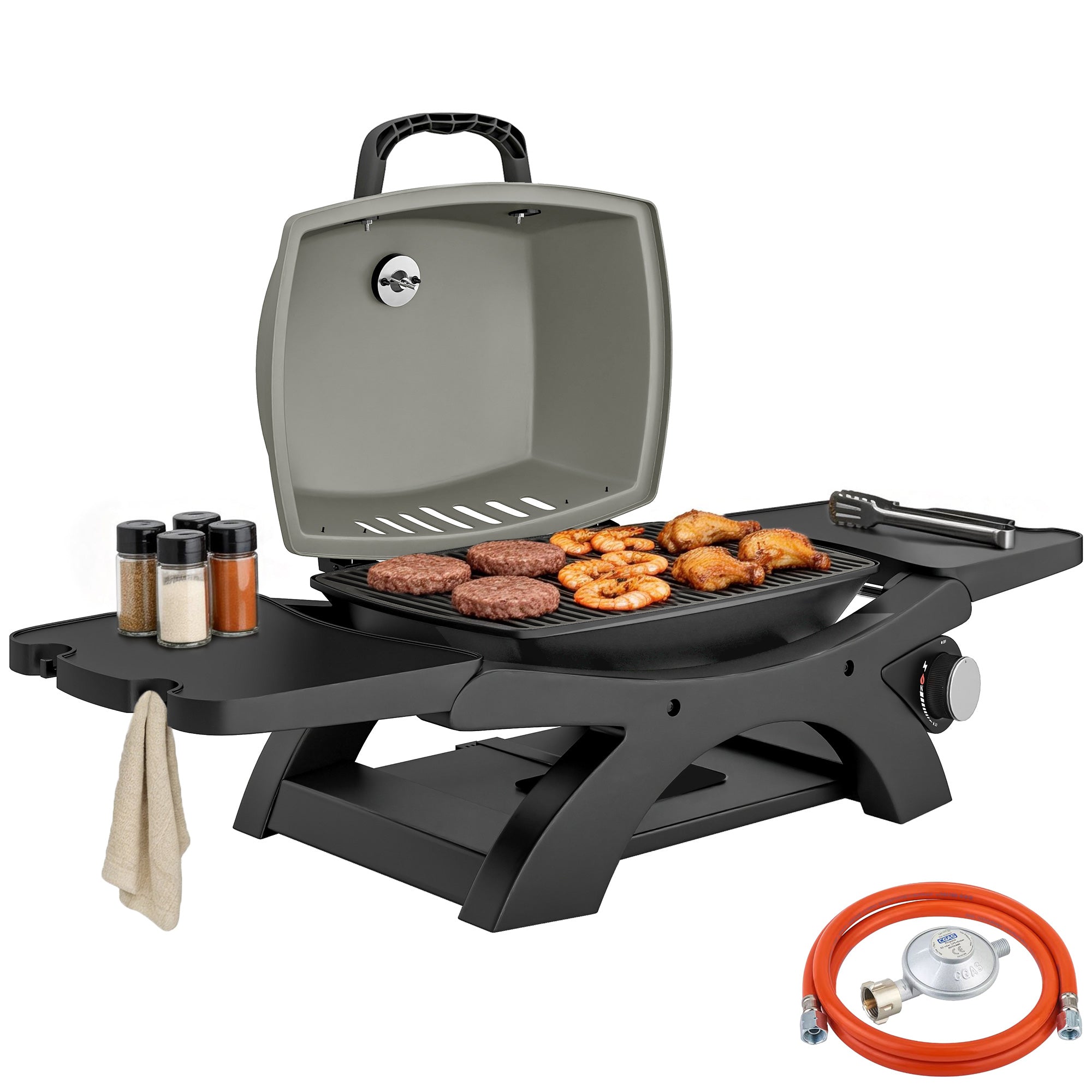 3.3 kW Portable Tabletop Gas Grill — 1 Burner, Foldable Side Shelves, Cast-Iron Grates, Removable Drip Tray & Thermometer — Patio & Balcony BBQ