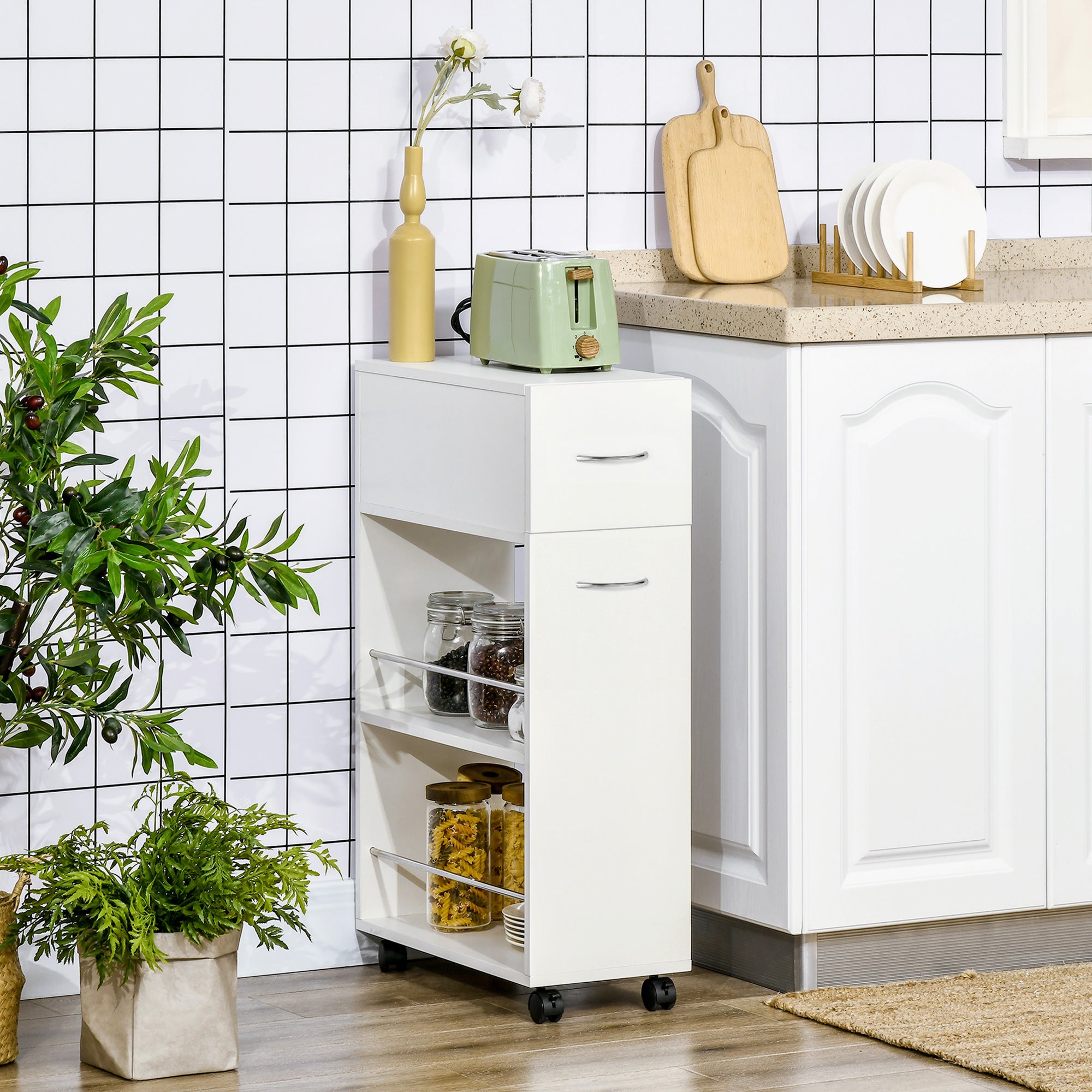 Kitchen Trolley Cart on Wheels with 1 Drawer and 2 Open Shelves for Dining Room Living Room Bathroom 25 x 50 x 85 cm White