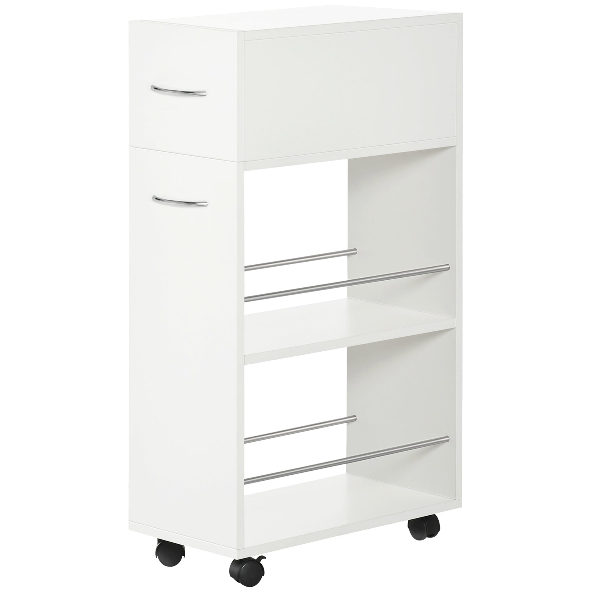 Kitchen Trolley Cart on Wheels with 1 Drawer and 2 Open Shelves for Dining Room Living Room Bathroom 25 x 50 x 85 cm White